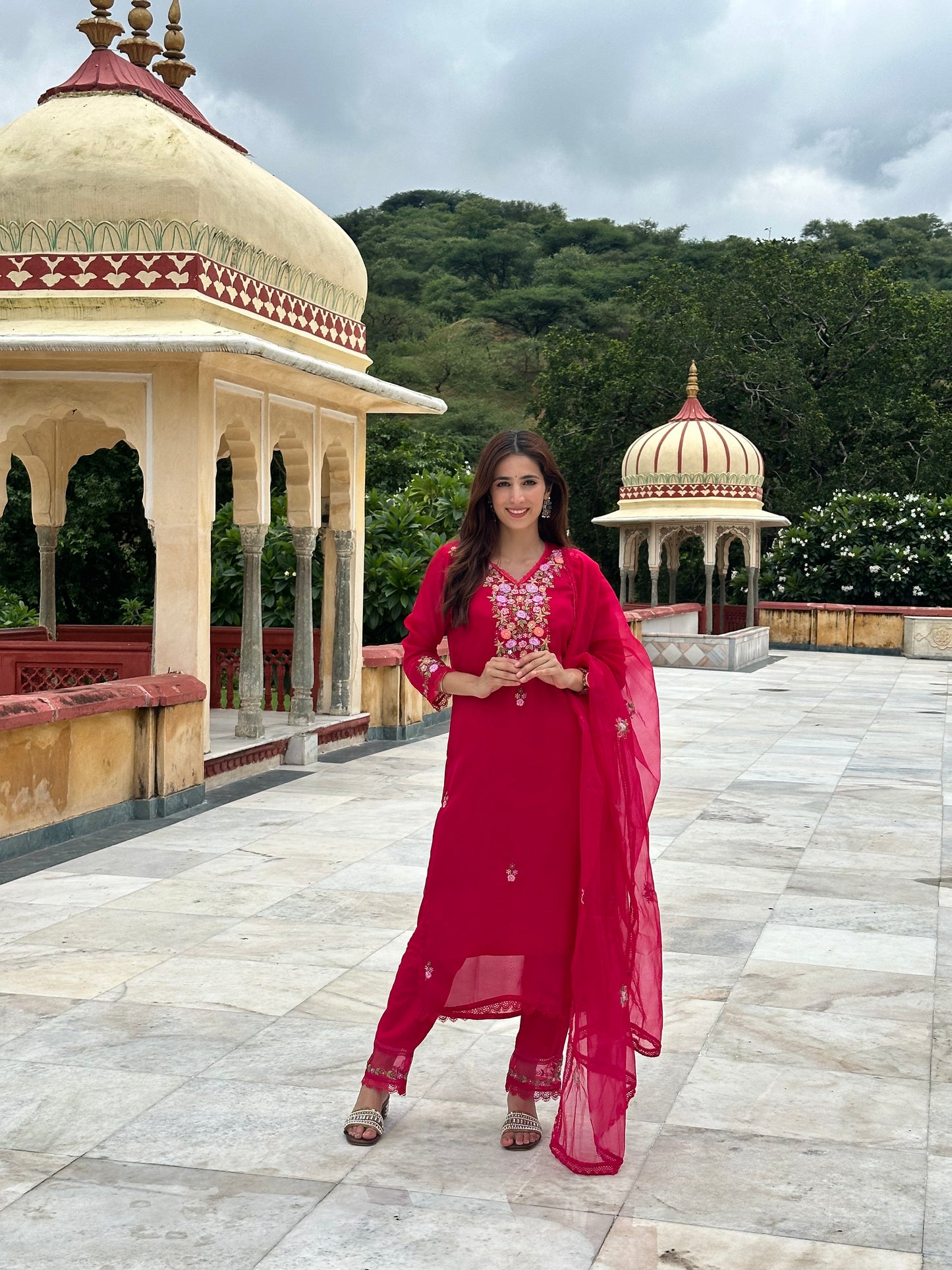 Viscose Organza Embroidered Suit Set-Pink Colour