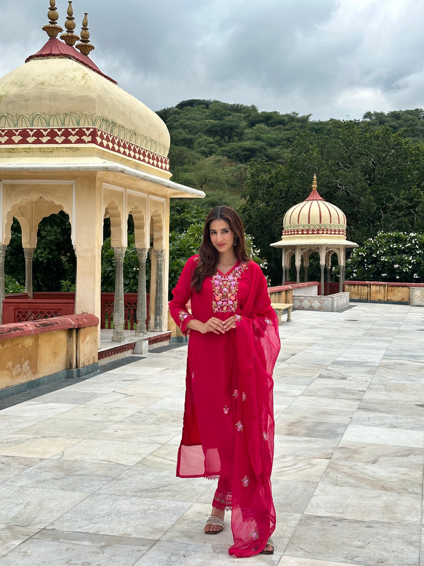 Viscose Organza Embroidered Suit Set-Pink Colour