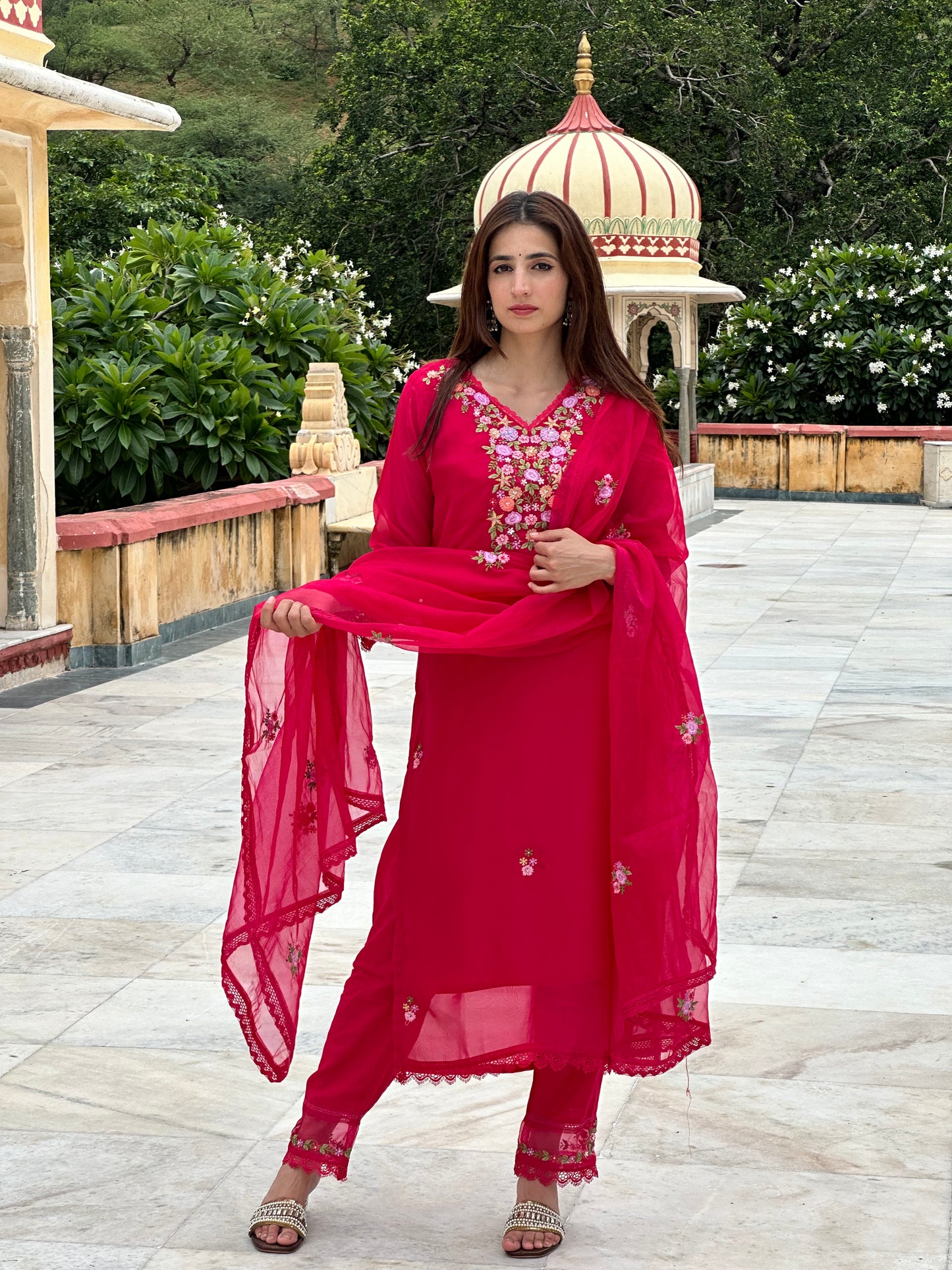 Viscose Organza Embroidered Suit Set-Pink Colour