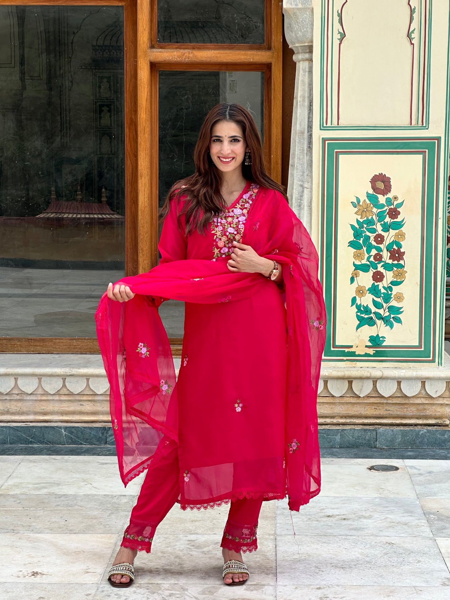 Viscose Organza Embroidered Suit Set-Pink Colour