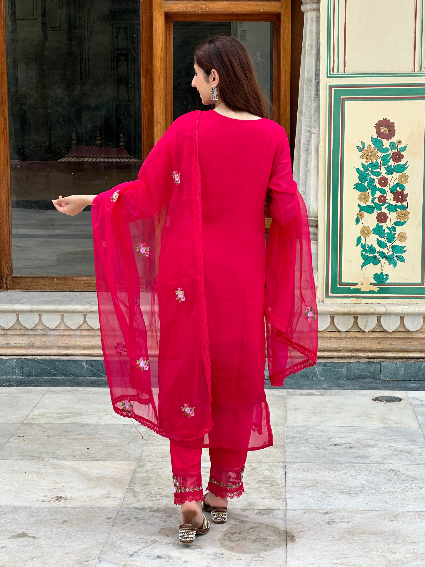 Viscose Organza Embroidered Suit Set-Pink Colour