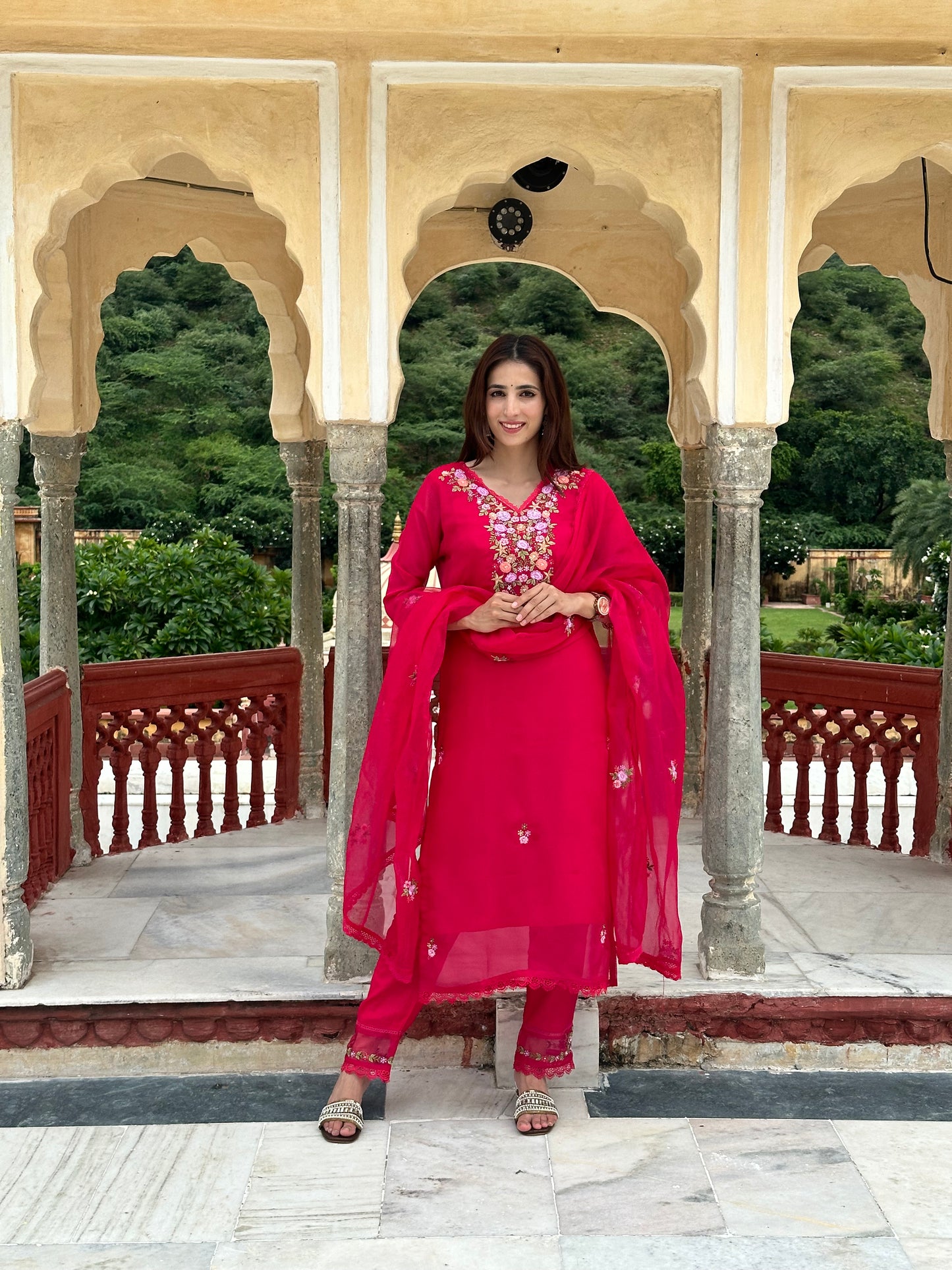 Viscose Organza Embroidered Suit Set-Pink Colour