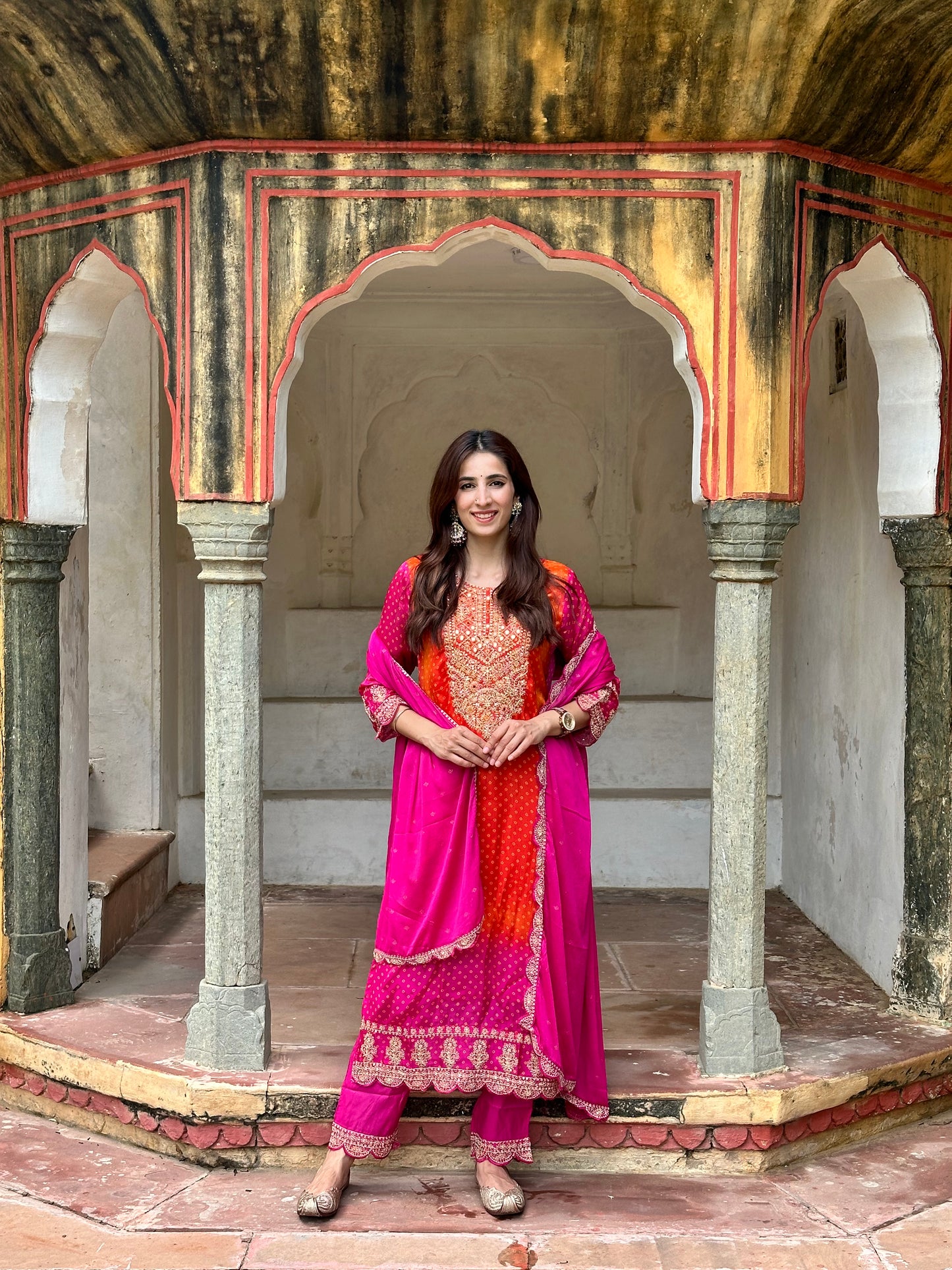 Pink Flat Chinnon Chiffon Bandhani Suit with heavy Embroidery Yoke