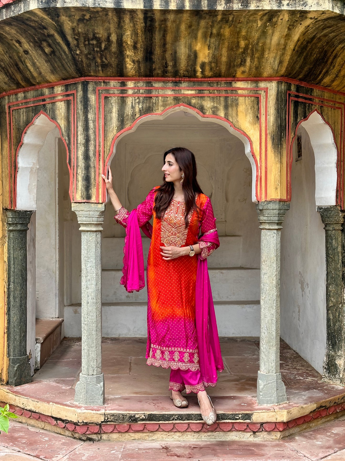 Pink Flat Chinnon Chiffon Bandhani Suit with heavy Embroidery Yoke