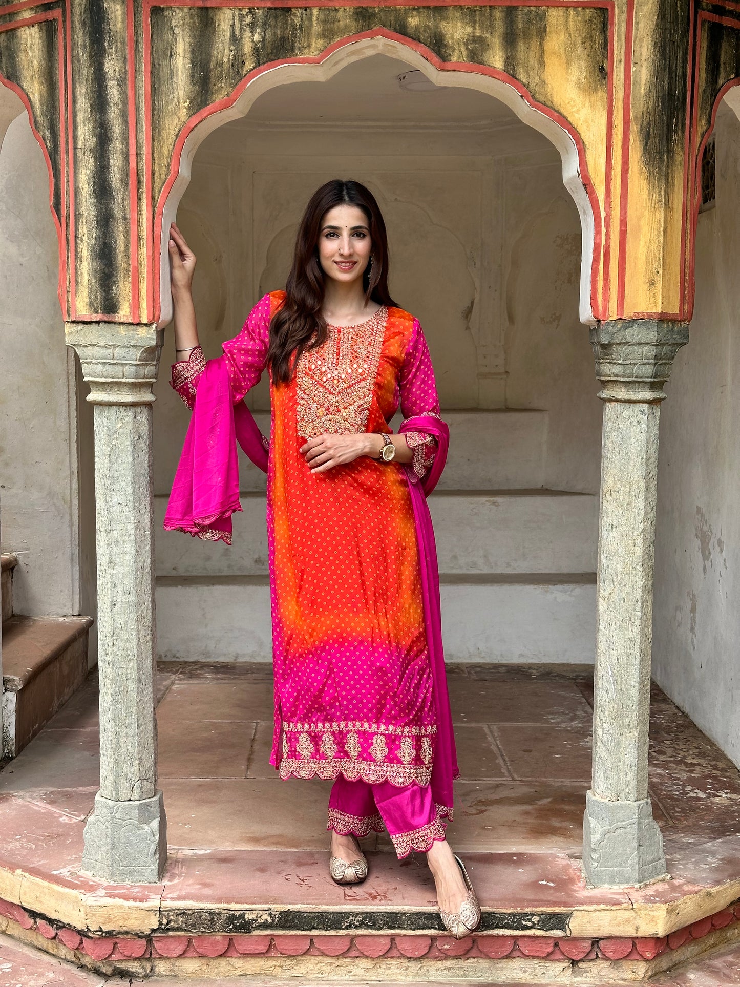 Pink Flat Chinnon Chiffon Bandhani Suit with heavy Embroidery Yoke