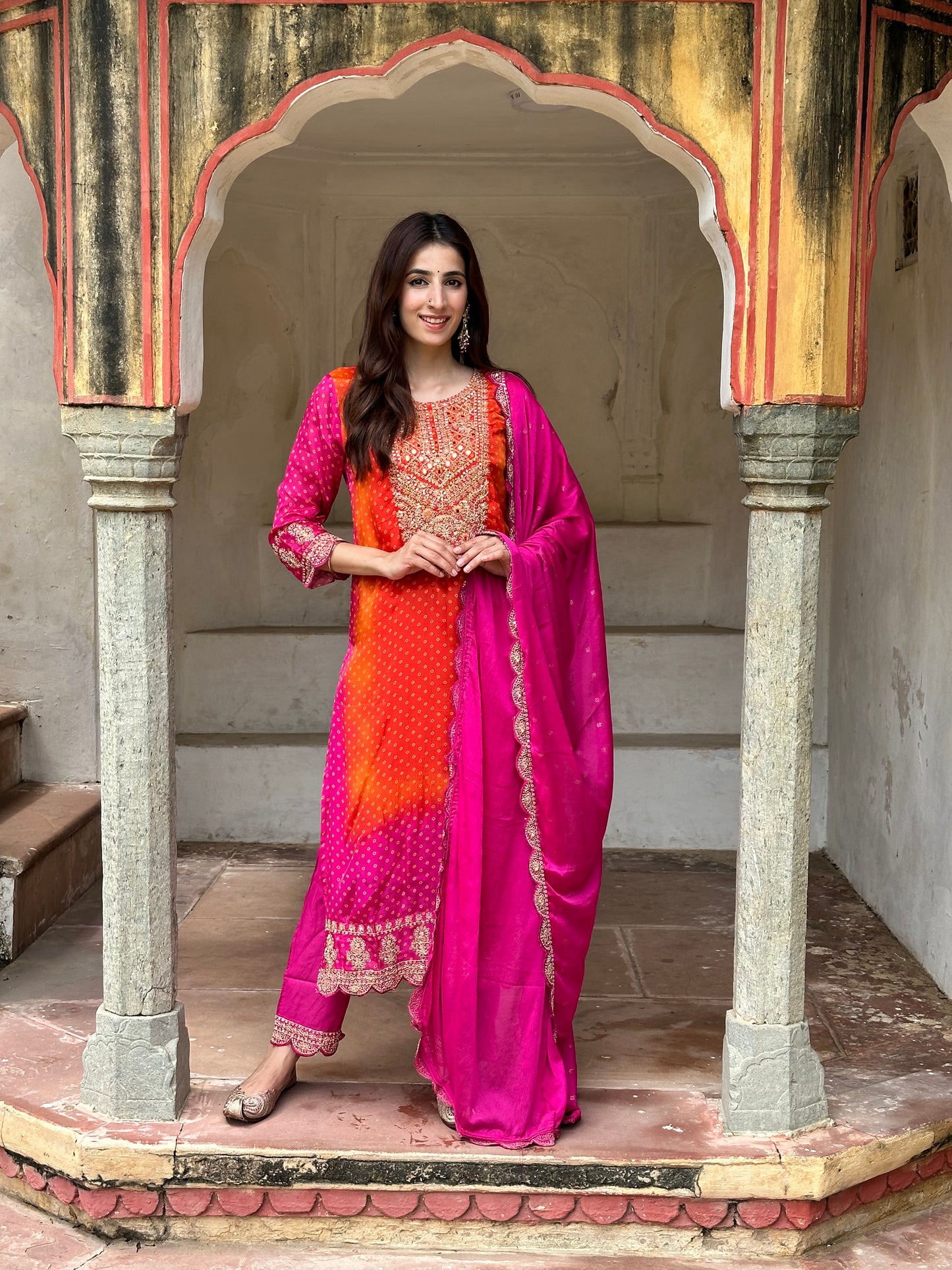 Pink Flat Chinnon Chiffon Bandhani Suit with heavy Embroidery Yoke