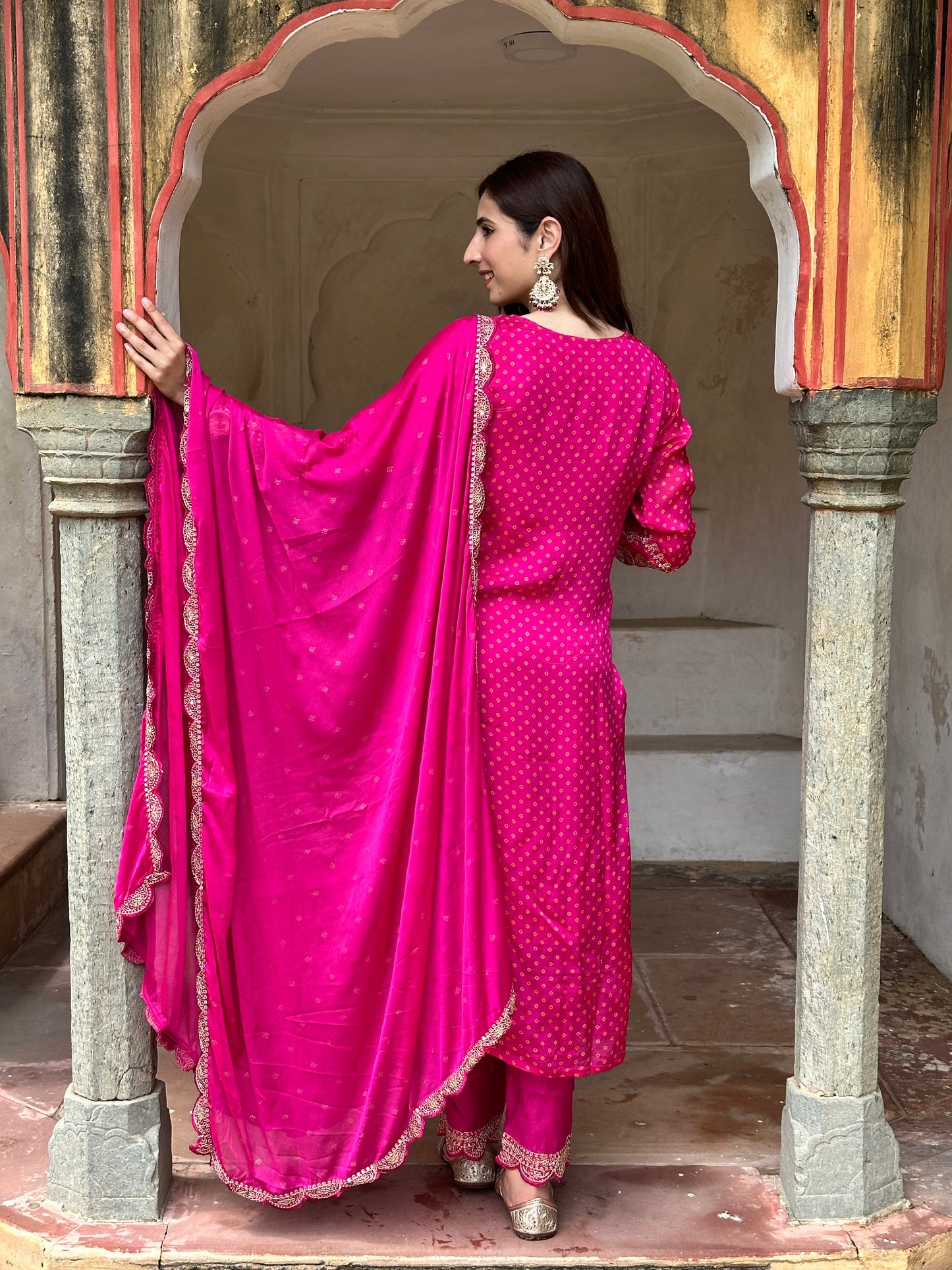 Pink Flat Chinnon Chiffon Bandhani Suit with heavy Embroidery Yoke
