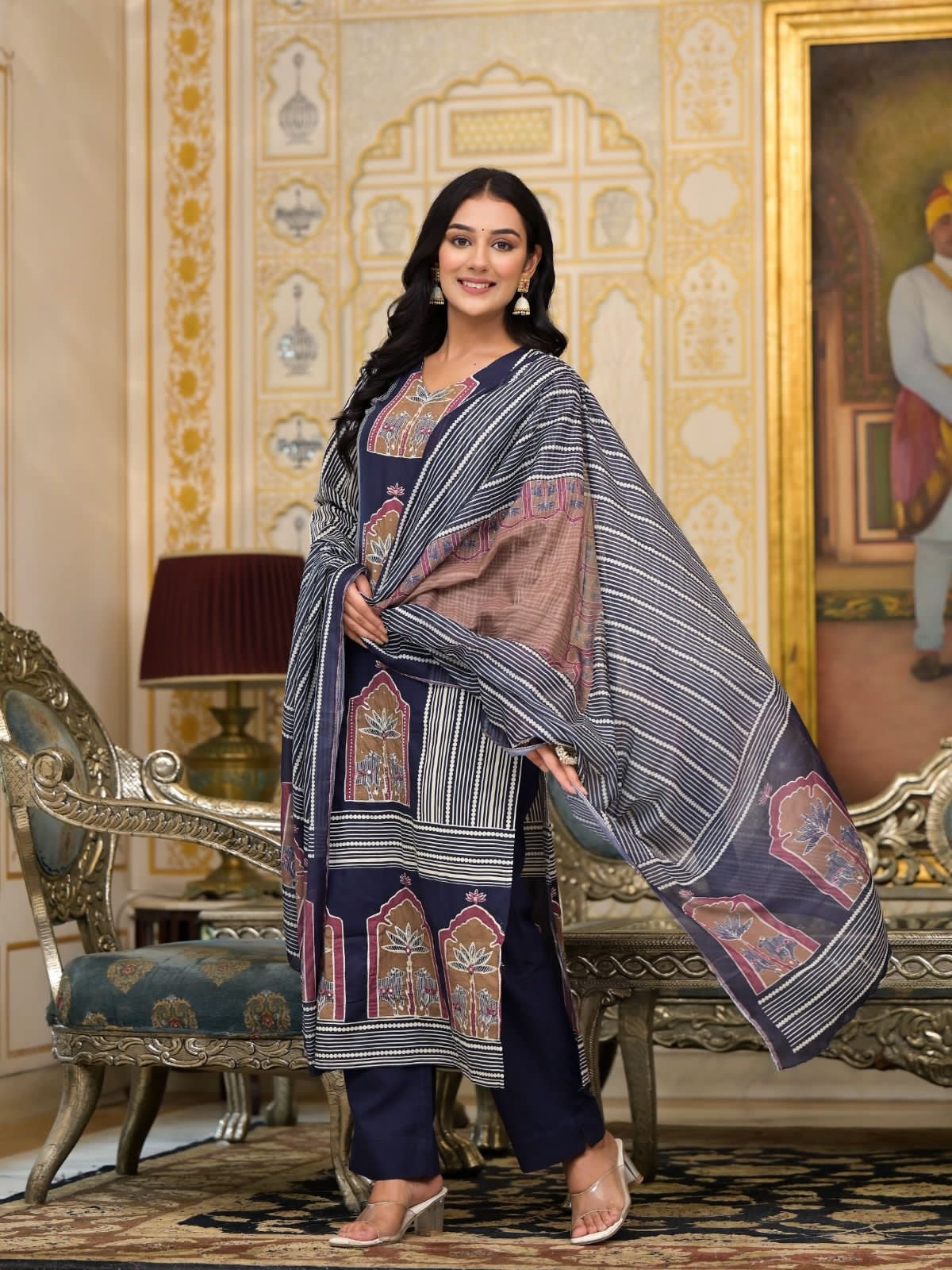 Farhaat Cotton Ajrakh Suit Set-Navy Blue