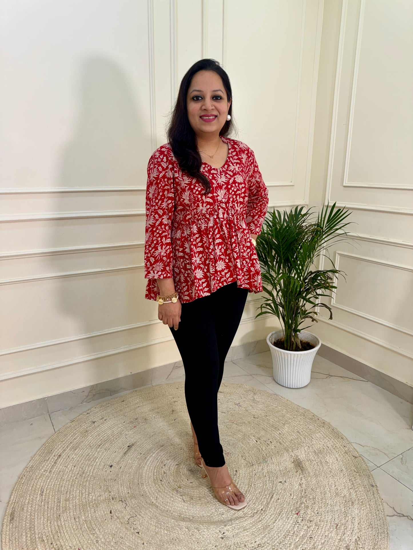Hand Block Print Floral Gather Top-Red