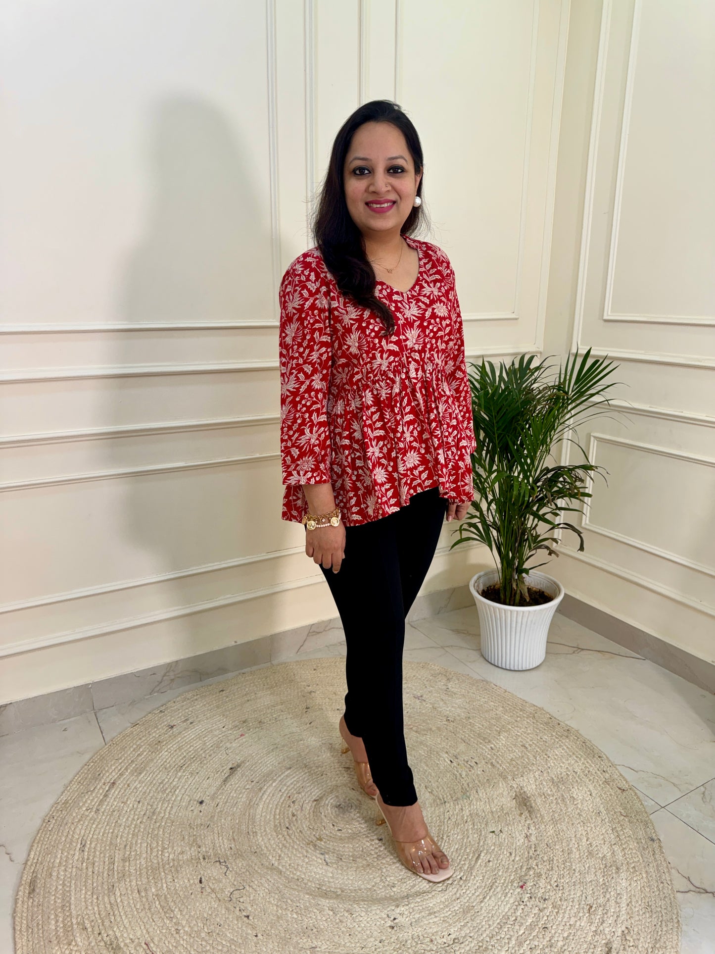 Hand Block Print Floral Gather Top-Red