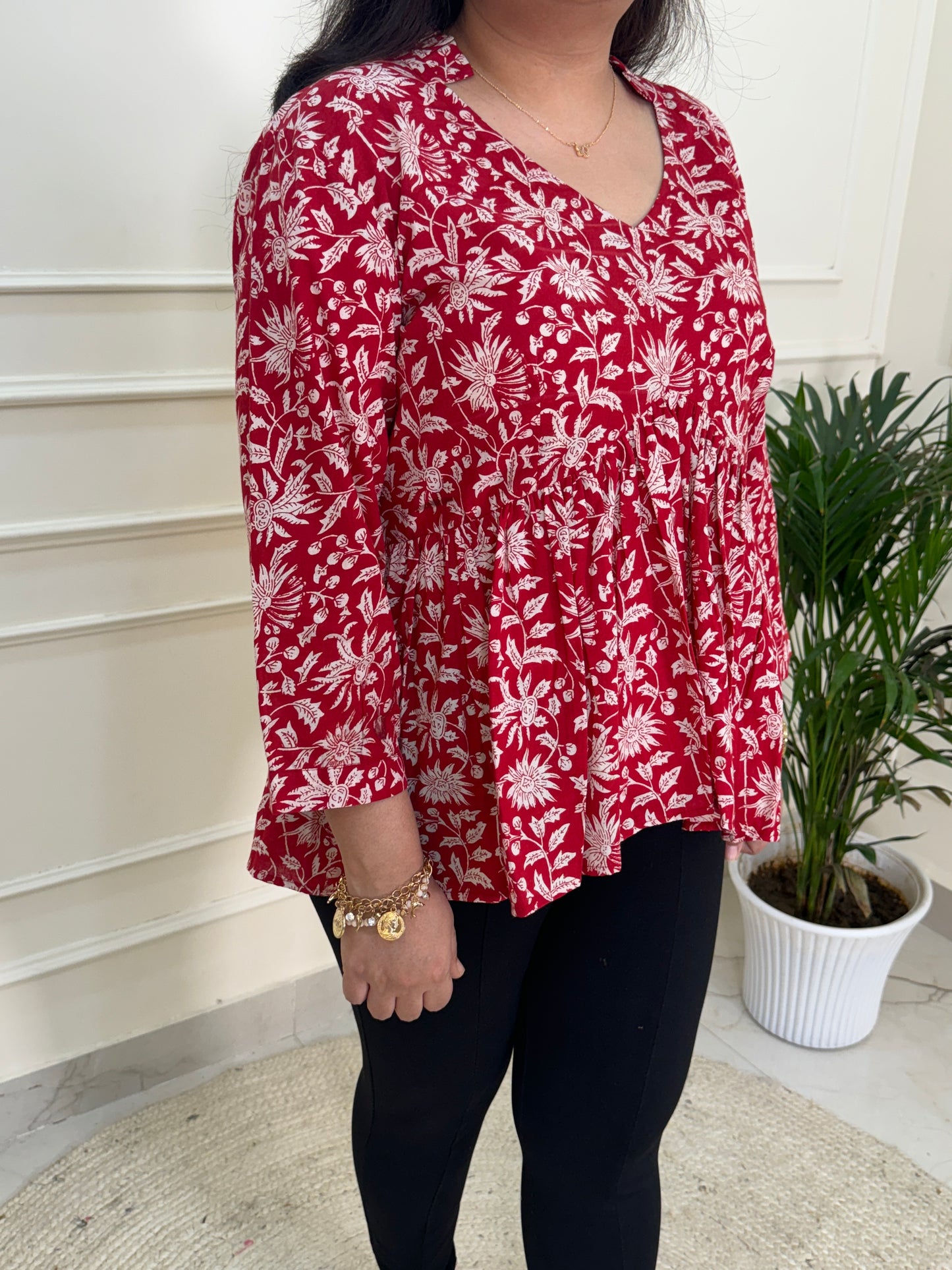 Hand Block Print Floral Gather Top-Red