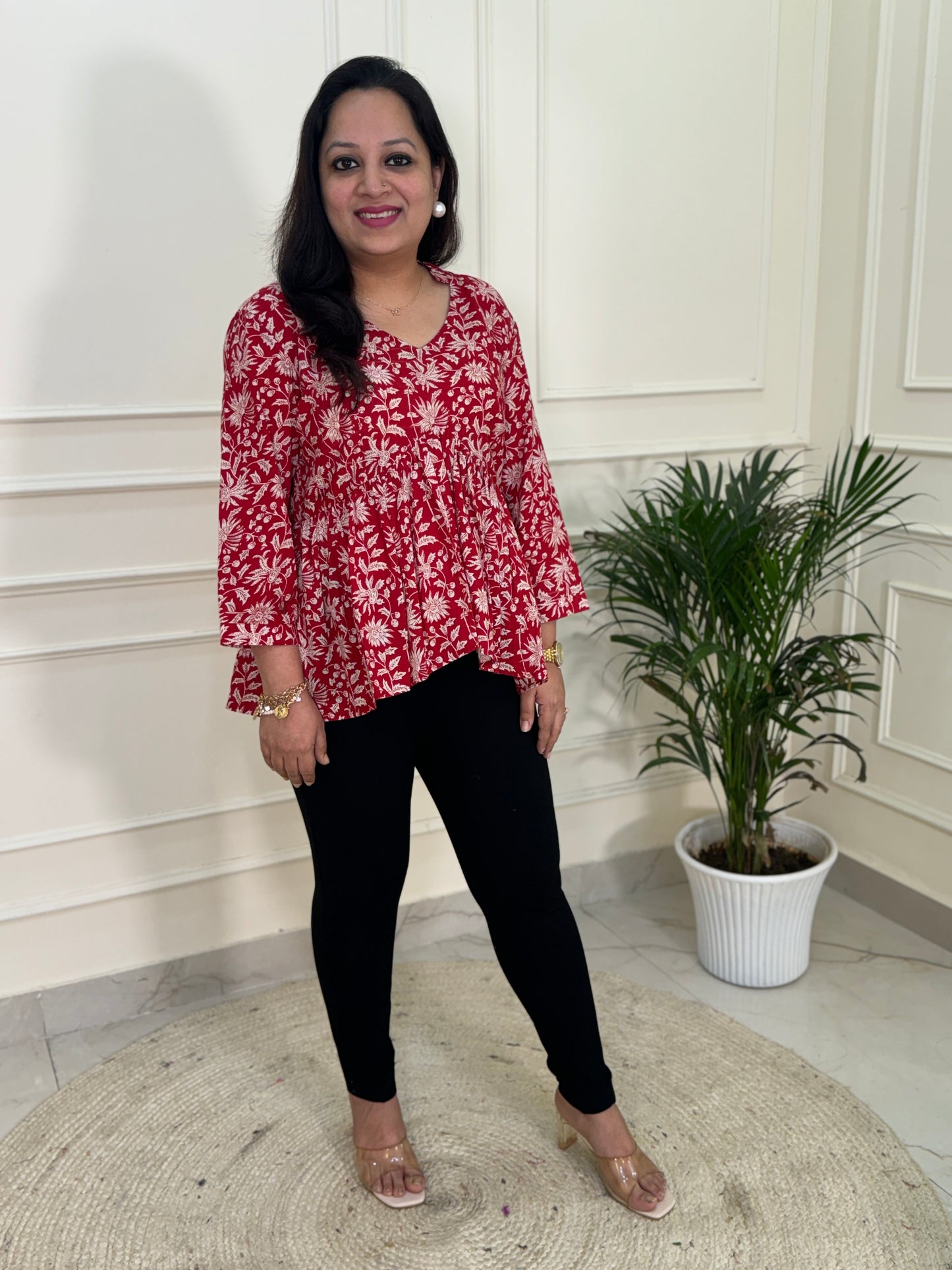 Hand Block Print Floral Gather Top-Red