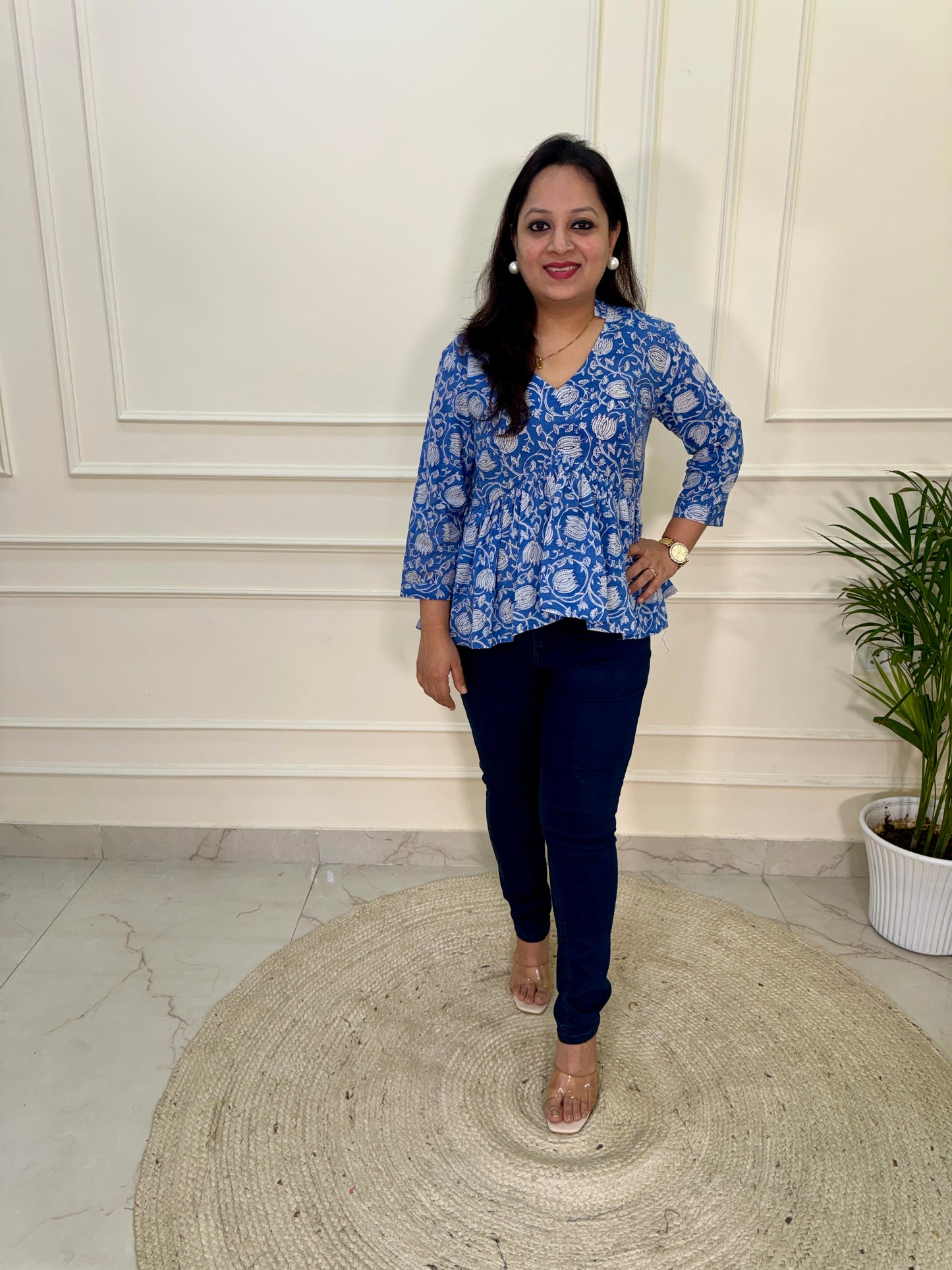 Hand Block Print Floral Gather Top-Blue