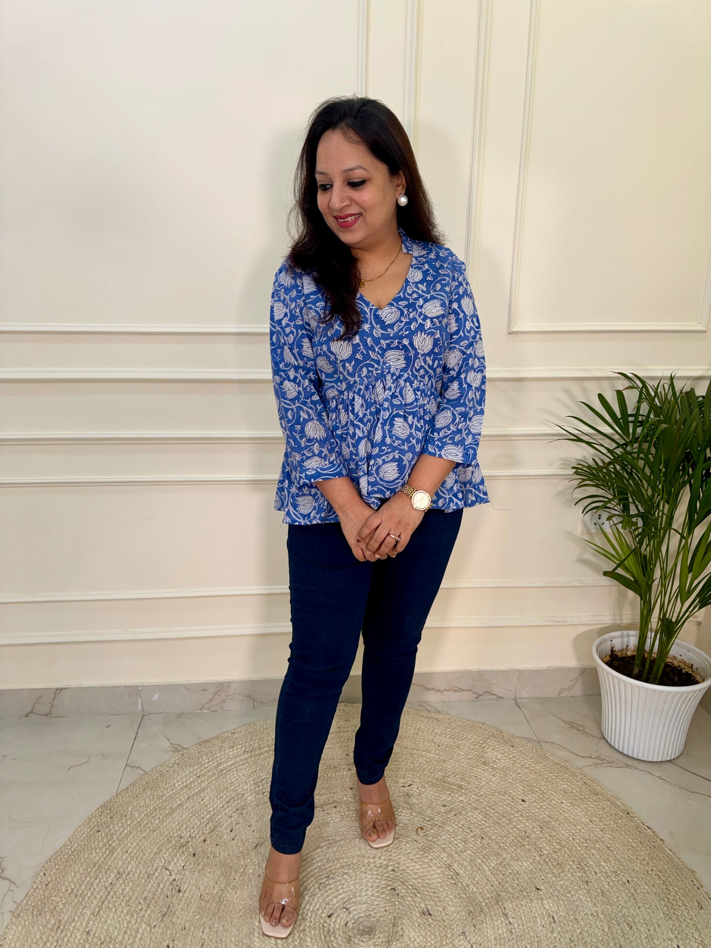 Hand Block Print Floral Gather Top-Blue