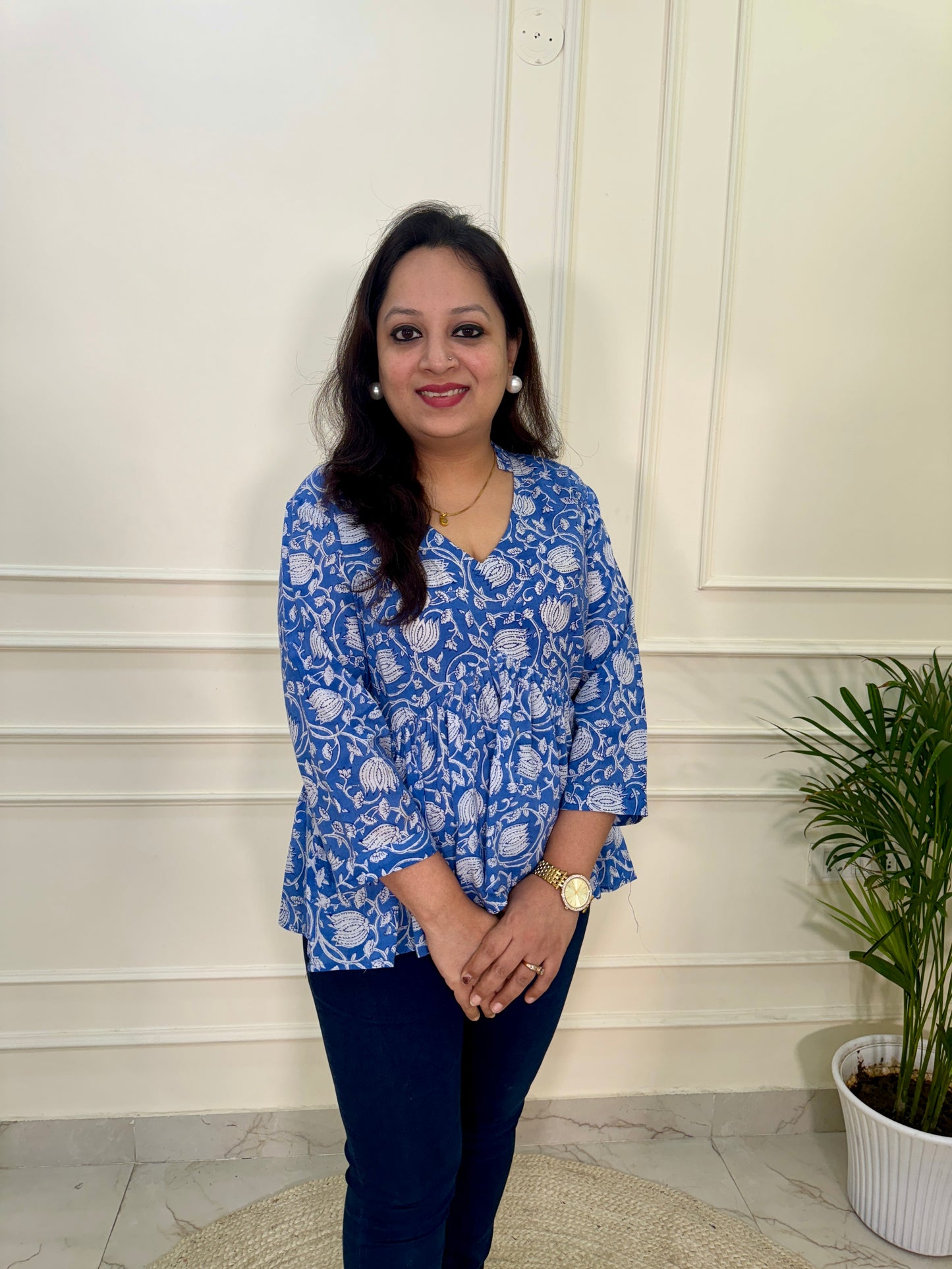 Hand Block Print Floral Gather Top-Blue