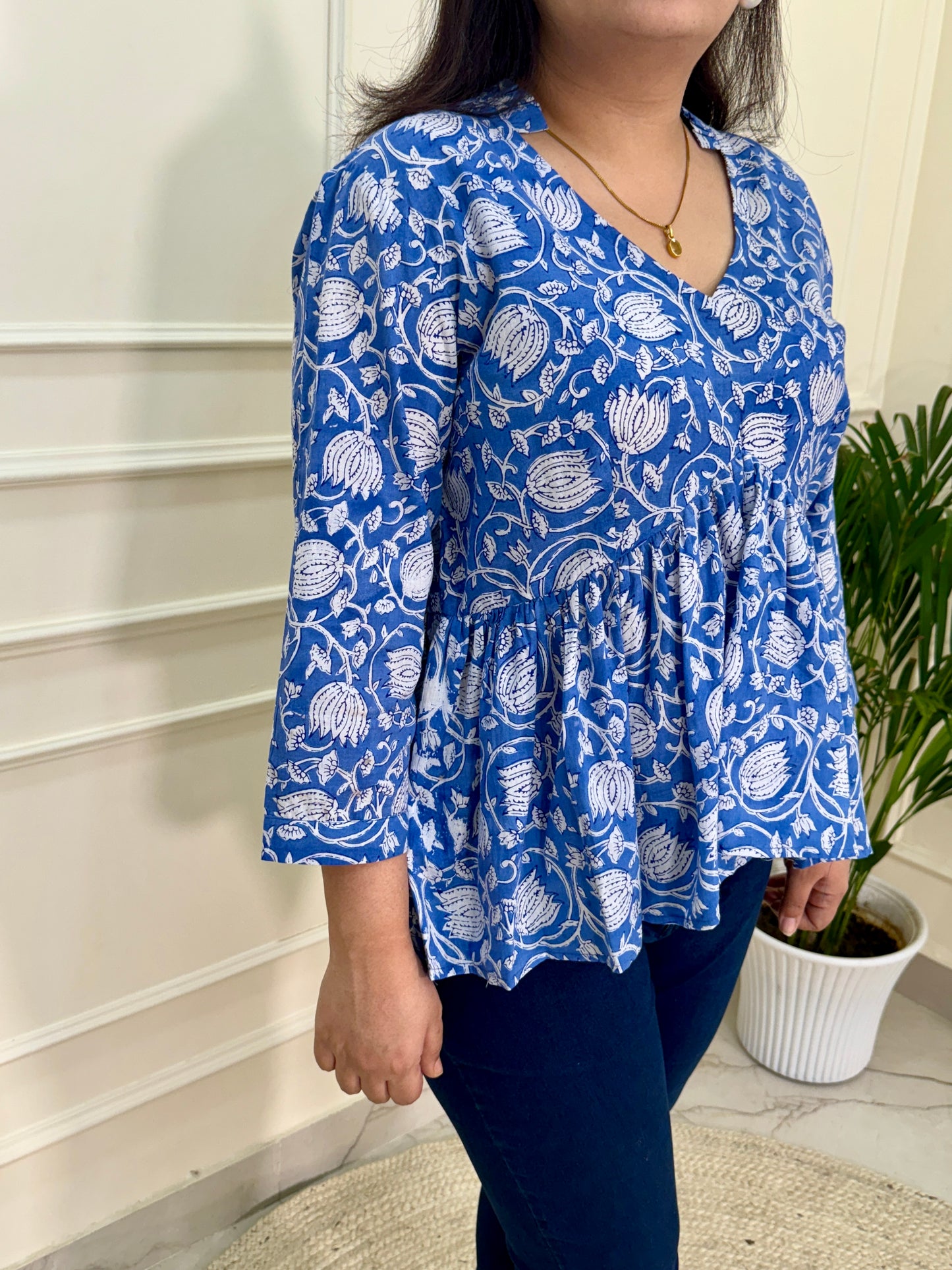 Hand Block Print Floral Gather Top-Blue