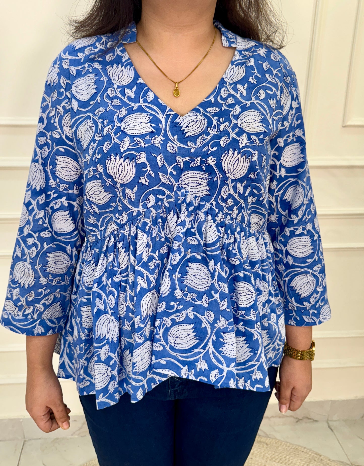 Hand Block Print Floral Gather Top-Blue