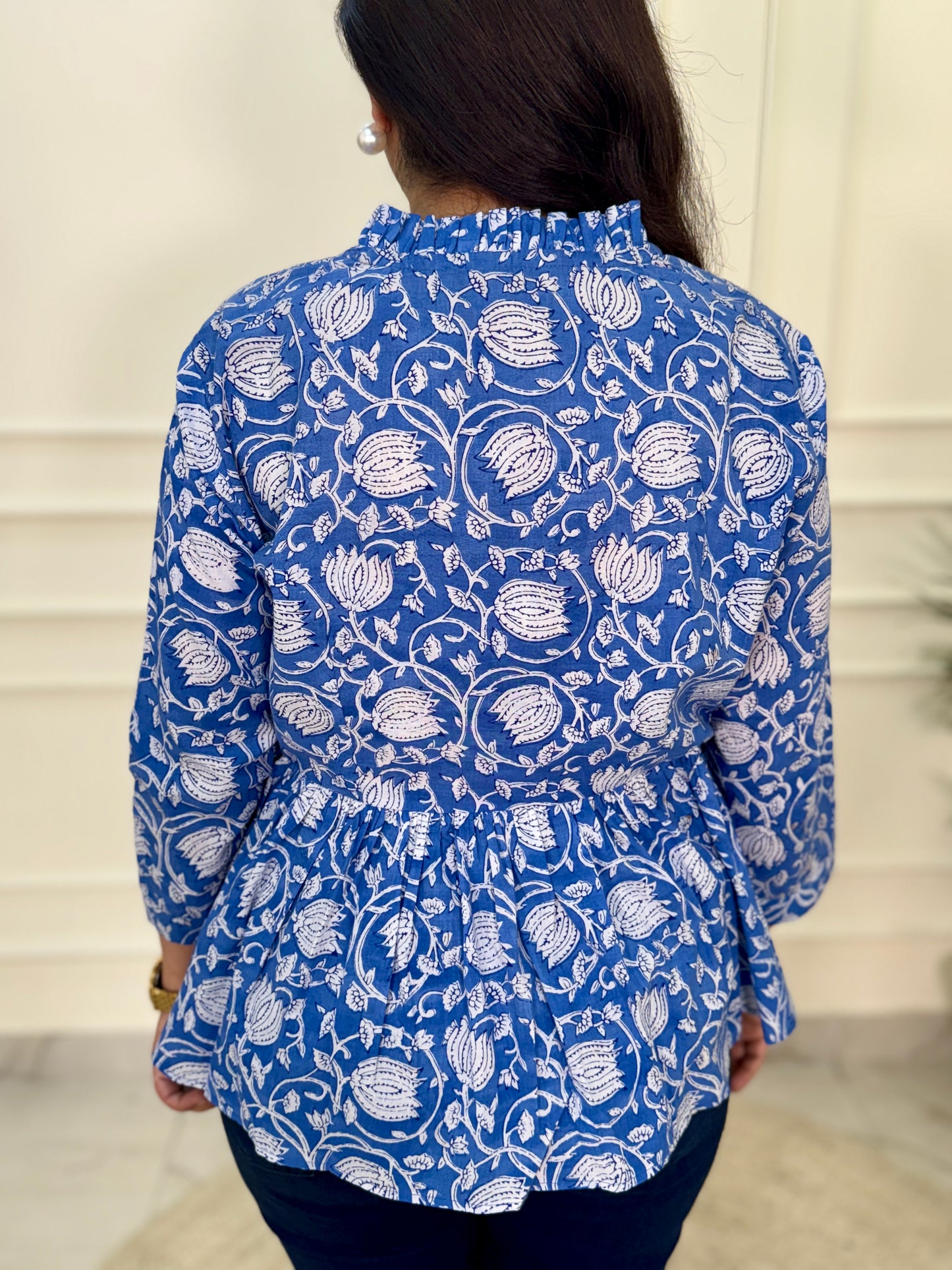 Hand Block Print Floral Gather Top-Blue