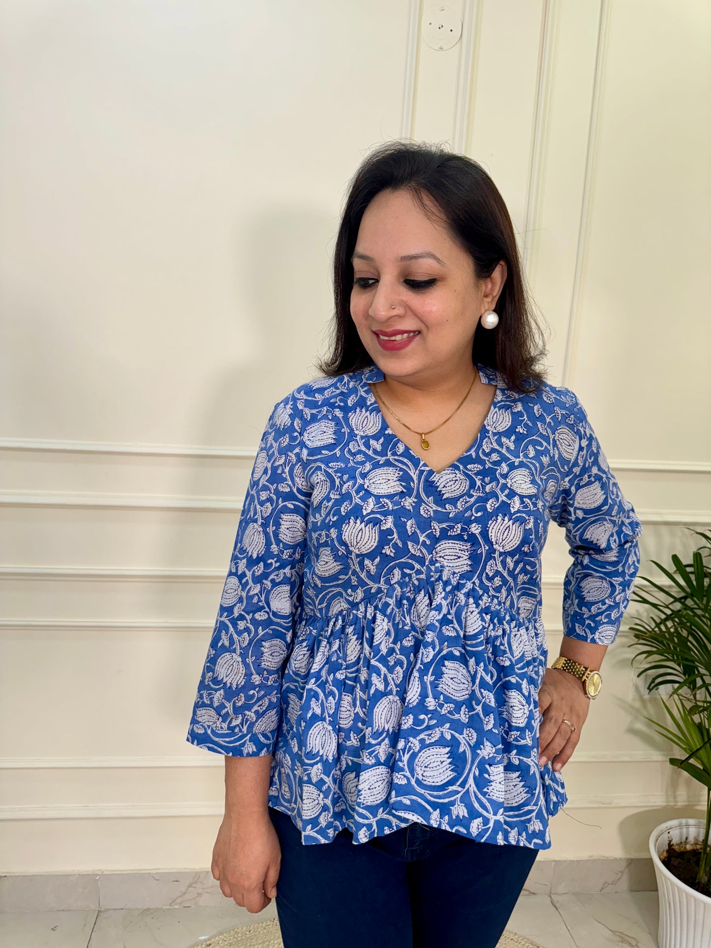 Hand Block Print Floral Gather Top-Blue