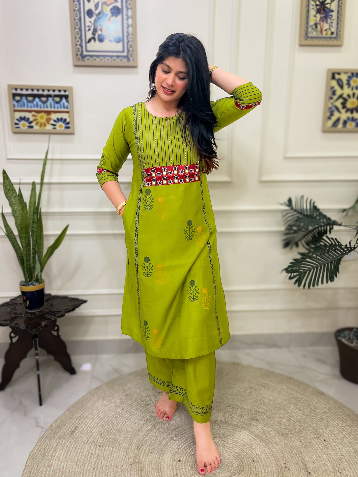 Green Aline 2 piece premium Silk Cotton Suit Set- Yellow
