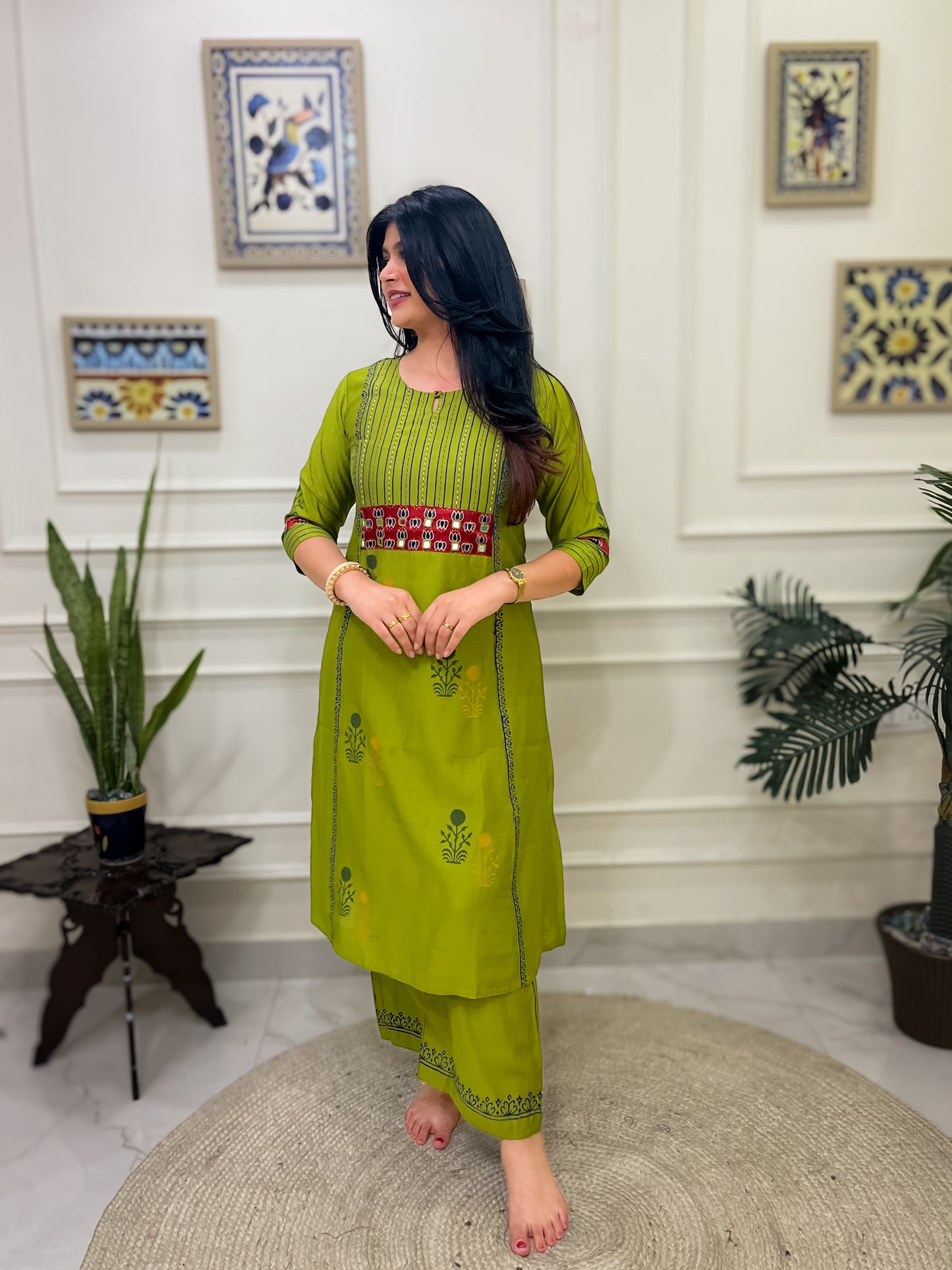 Green Aline 2 piece premium Silk Cotton Suit Set- Yellow
