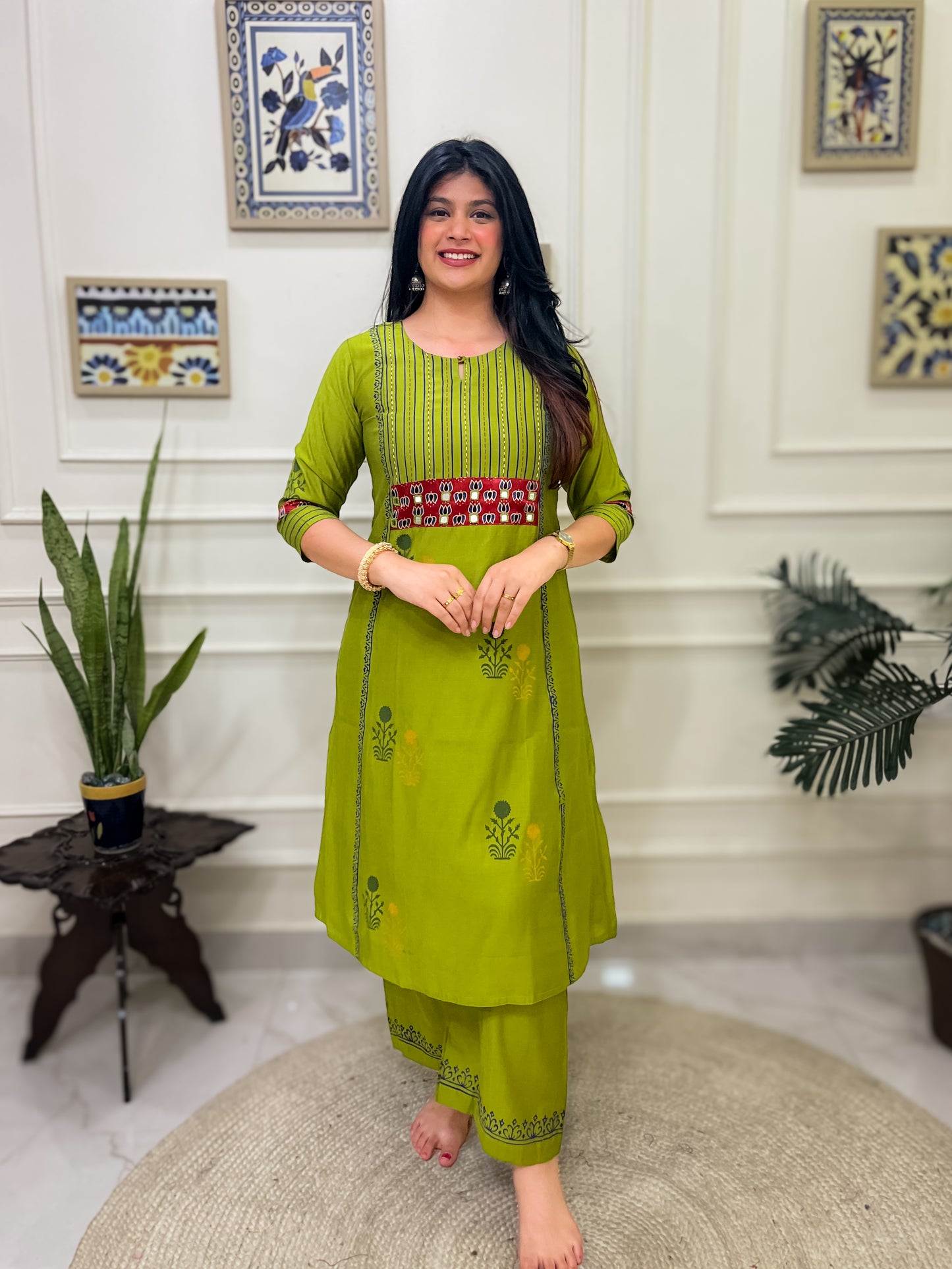 Green Aline 2 piece premium Silk Cotton Suit Set- Yellow