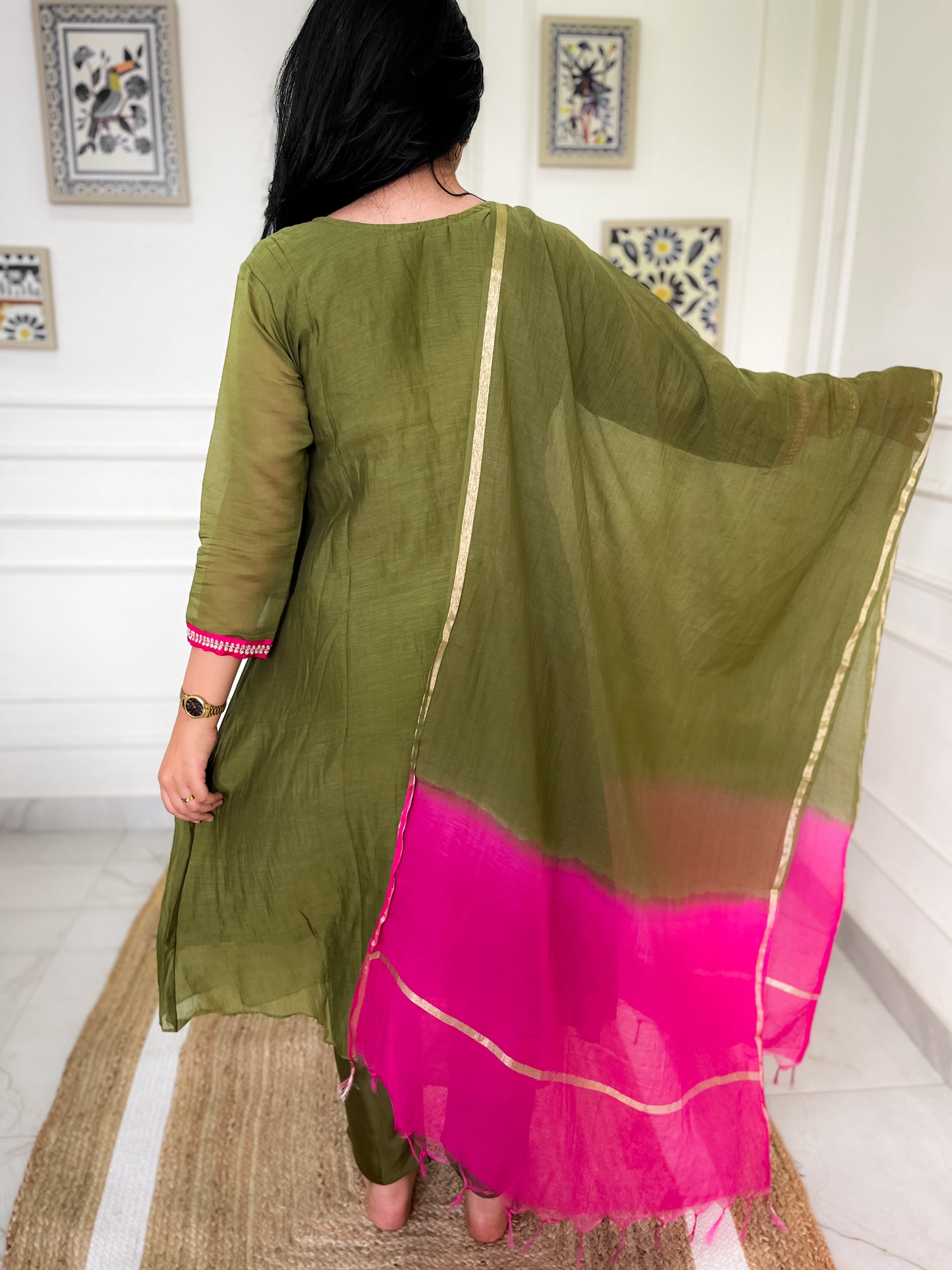 Pure Mul Chanderi Anarkali Suit set with hand embroidery- Green Pink