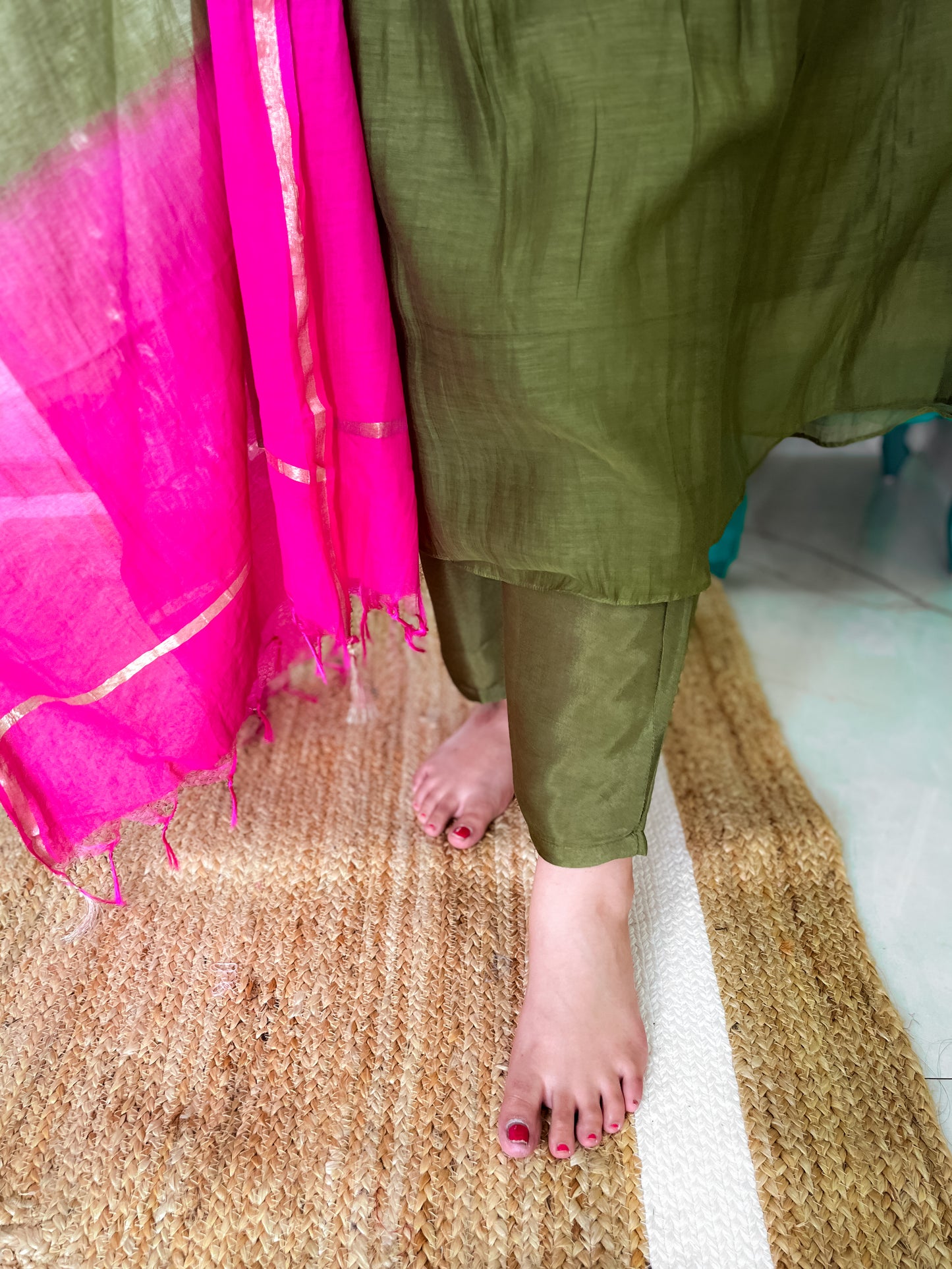 Pure Mul Chanderi Anarkali Suit set with hand embroidery- Green Pink
