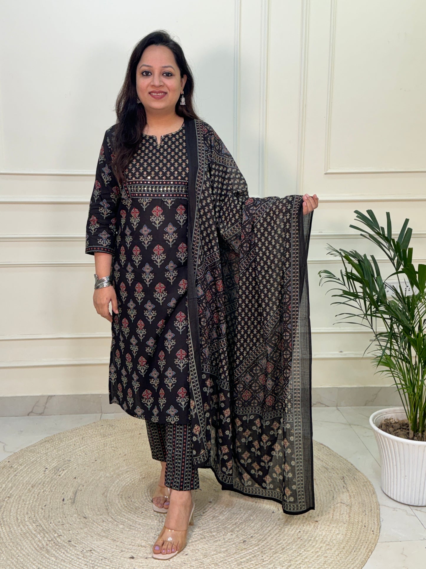 Zena premium Cotton Ajrakh Suit Set- Black