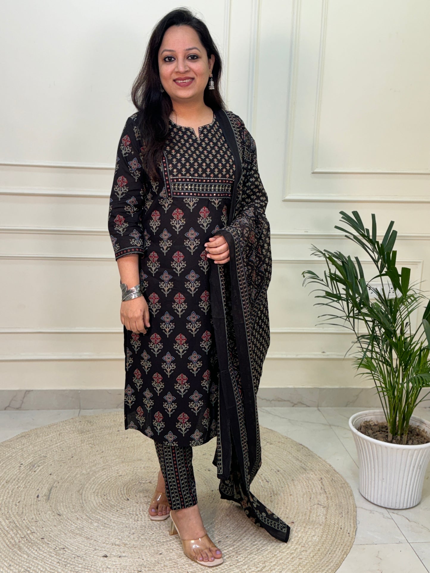 Zena premium Cotton Ajrakh Suit Set- Black