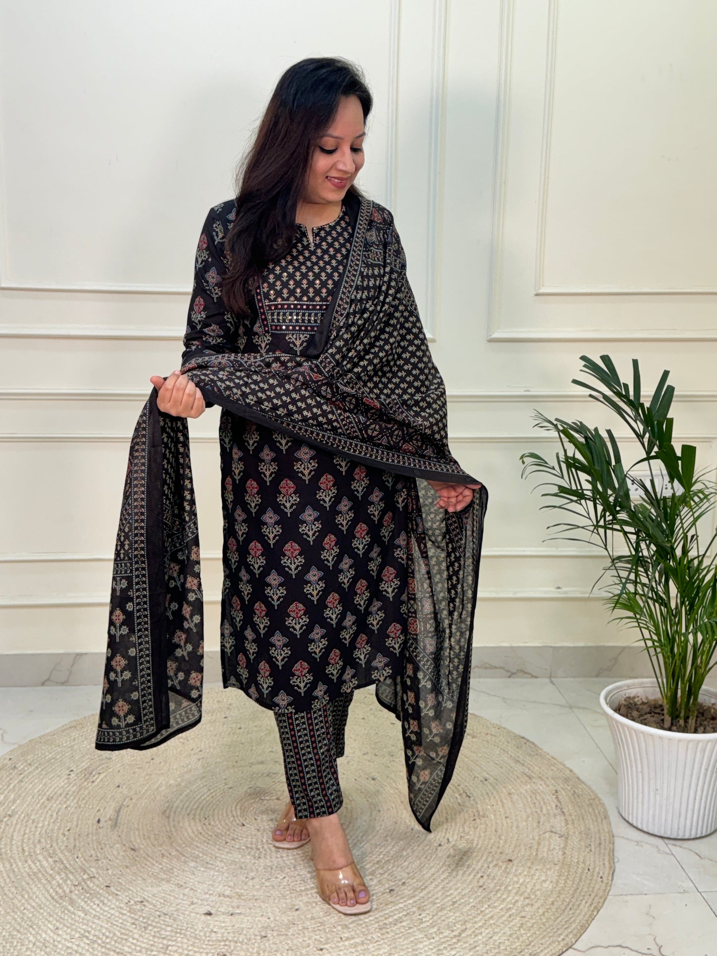 Zena premium Cotton Ajrakh Suit Set- Black