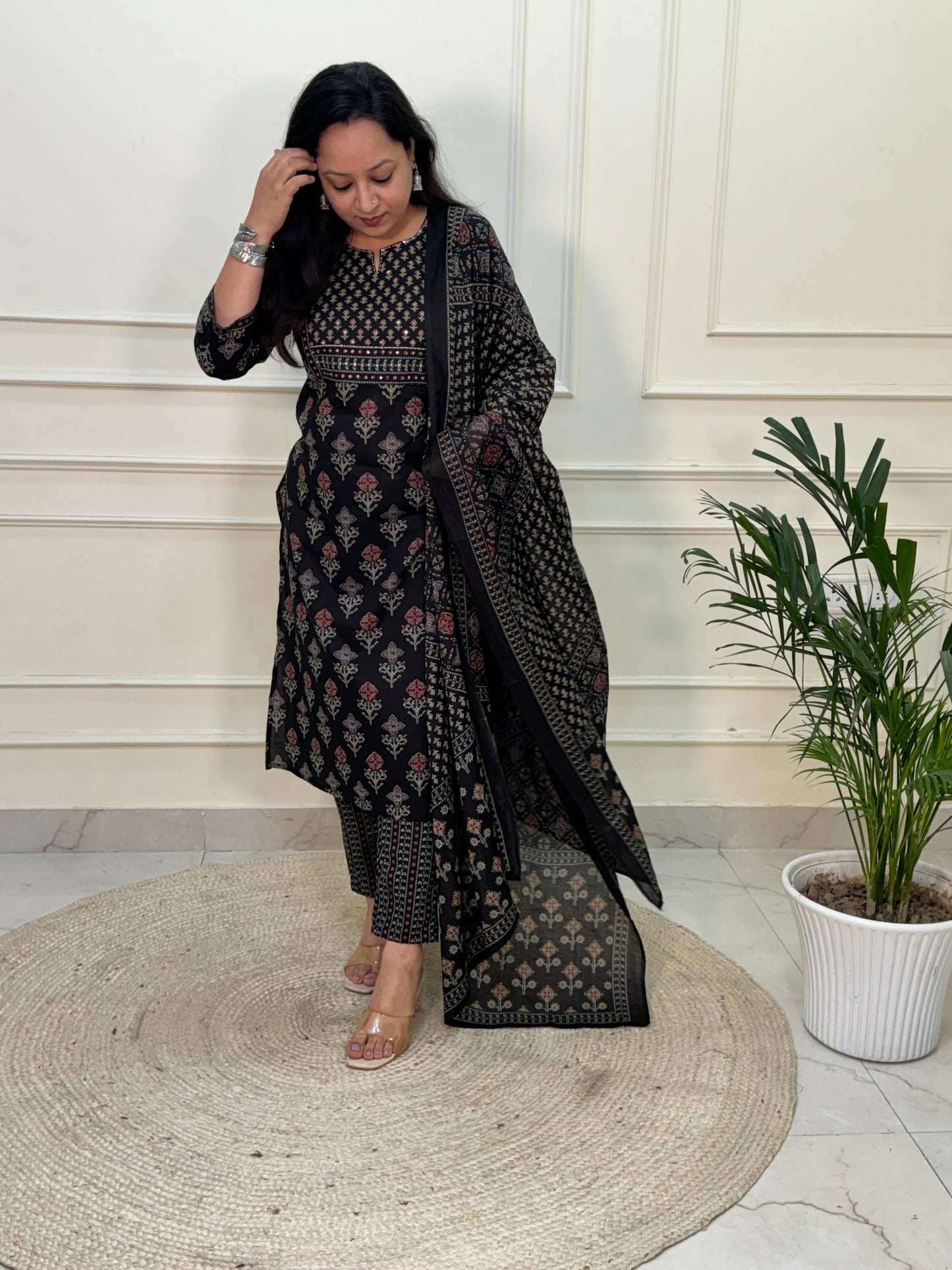 Zena premium Cotton Ajrakh Suit Set- Black