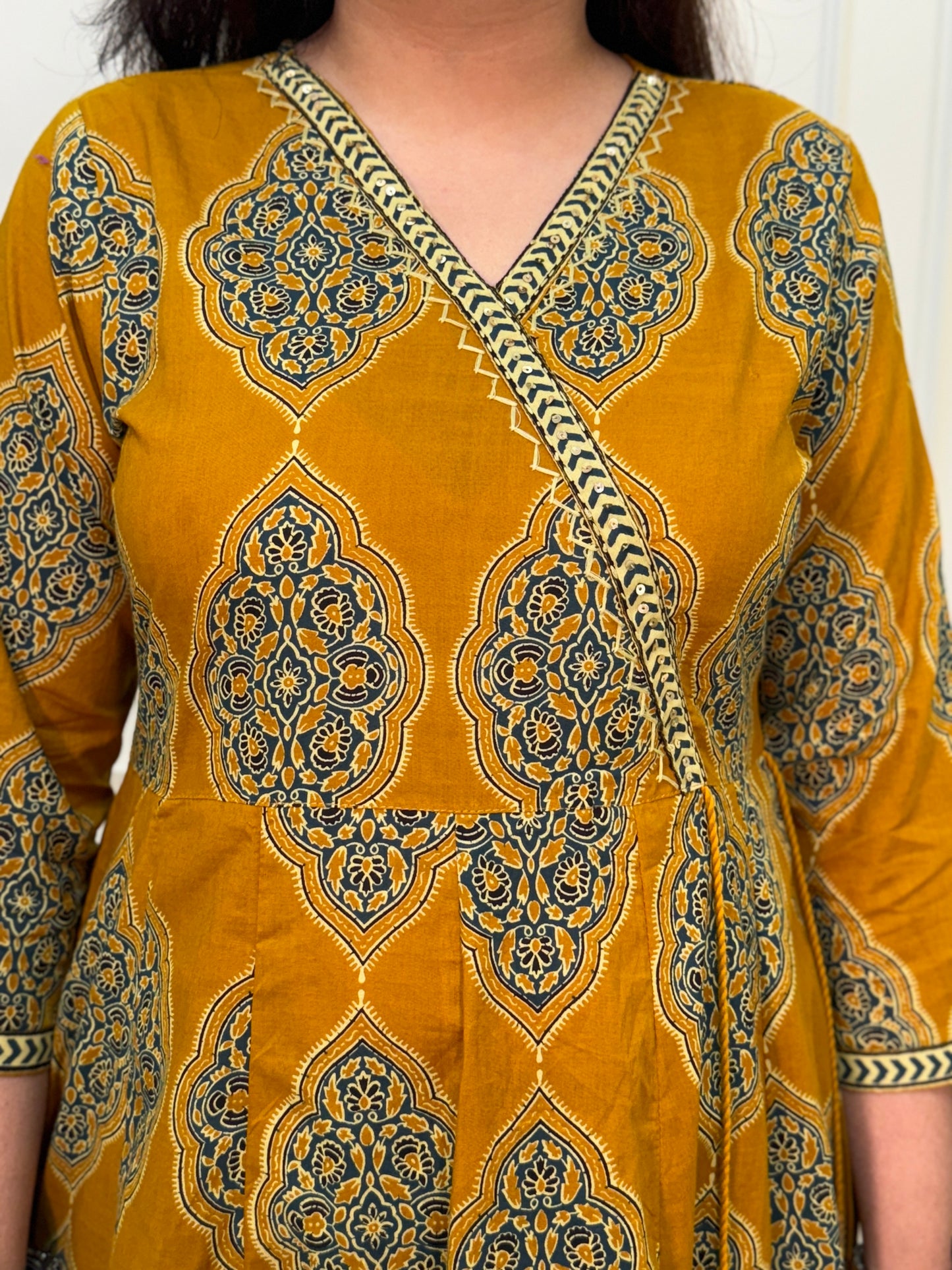 Zena Ajrakh Anarkali Suit set- Mustard Colour