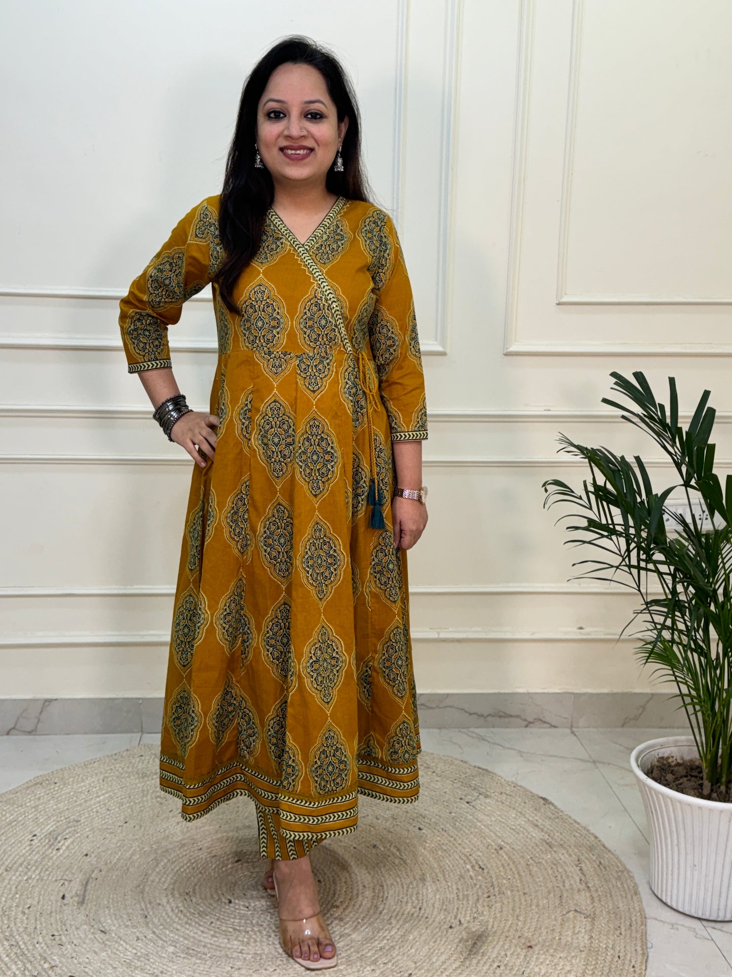 Zena Ajrakh Anarkali Suit set- Mustard Colour