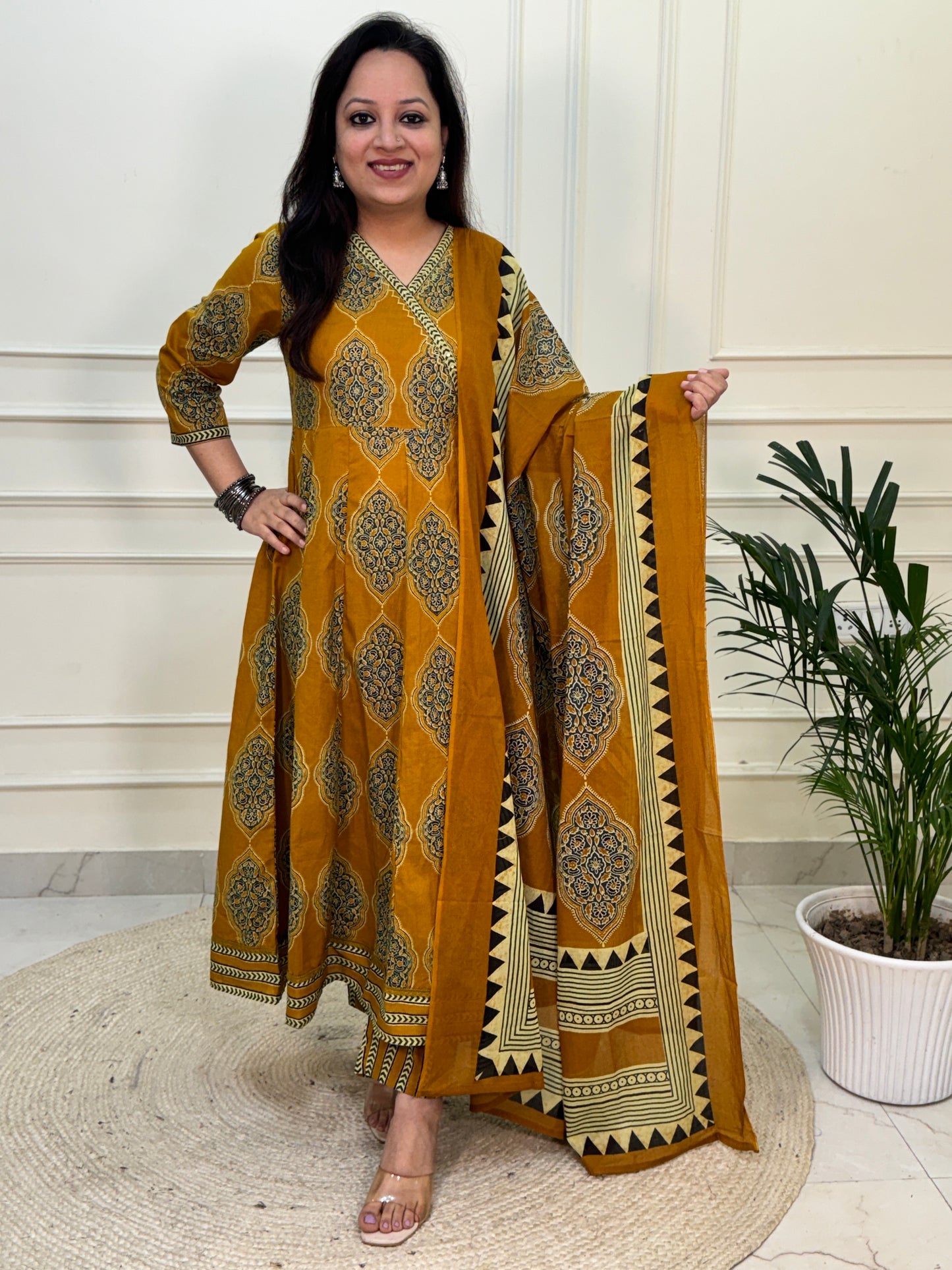 Zena Ajrakh Anarkali Suit set- Mustard Colour