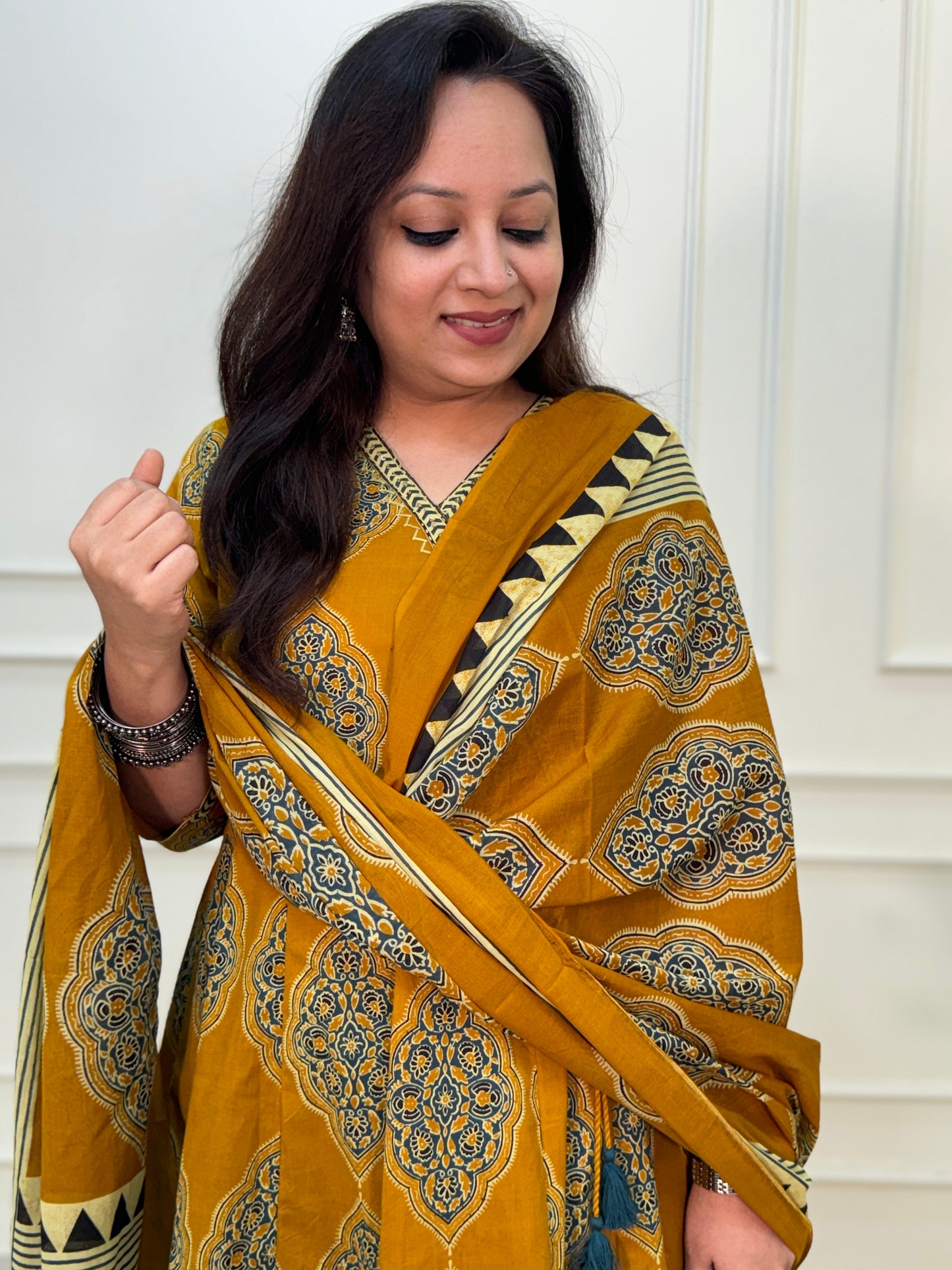 Zena Ajrakh Anarkali Suit set- Mustard Colour