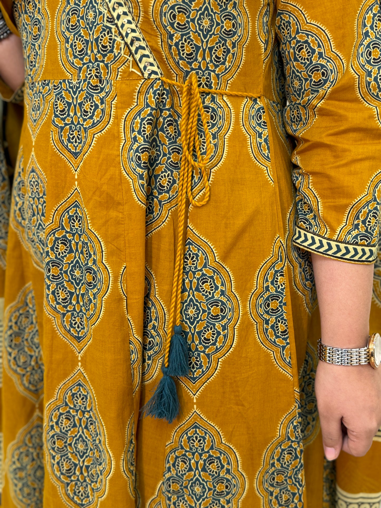 Zena Ajrakh Anarkali Suit set- Mustard Colour