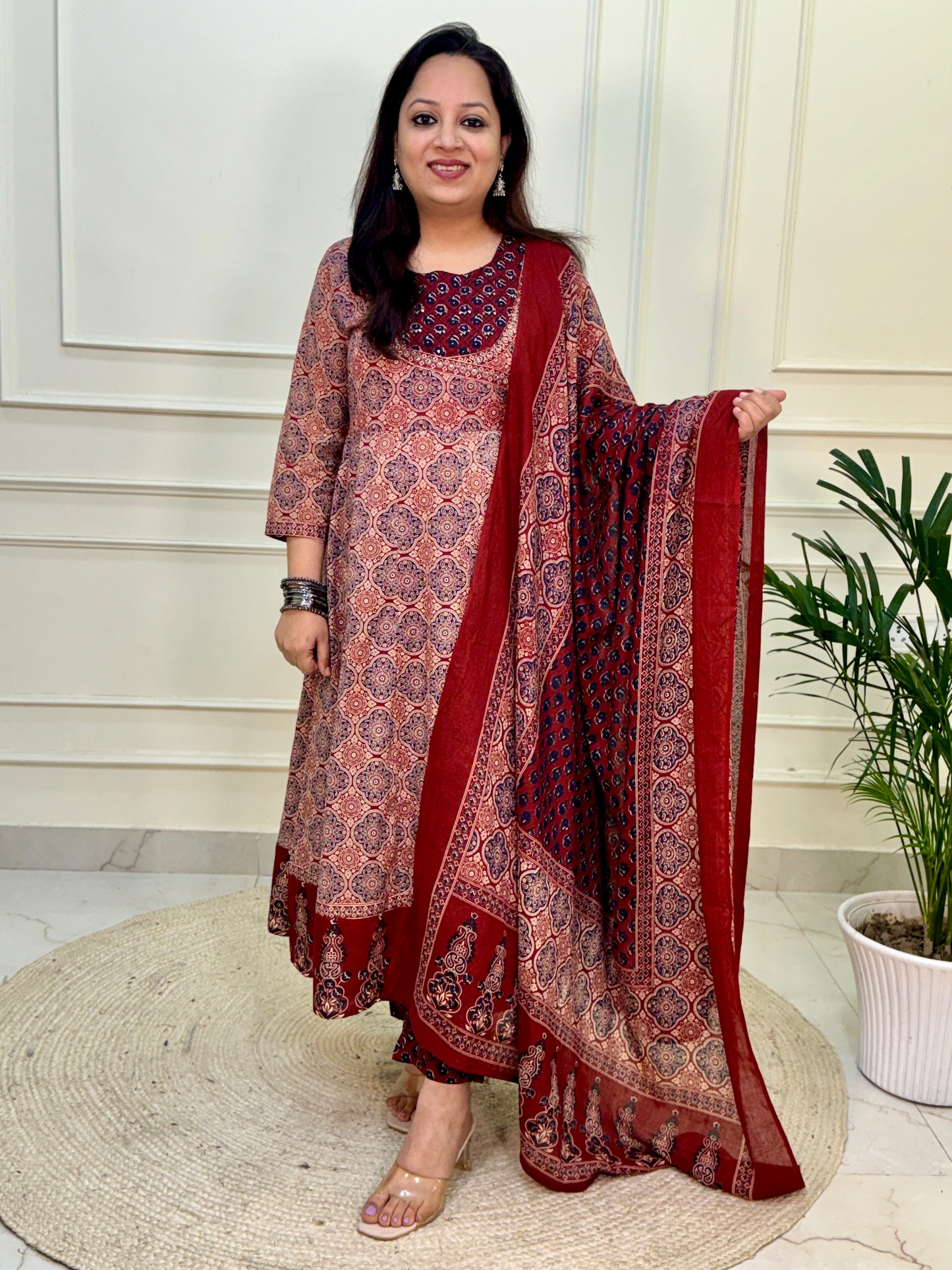 Farhat Kalamkari Anarkali Suit set-Red Colour
