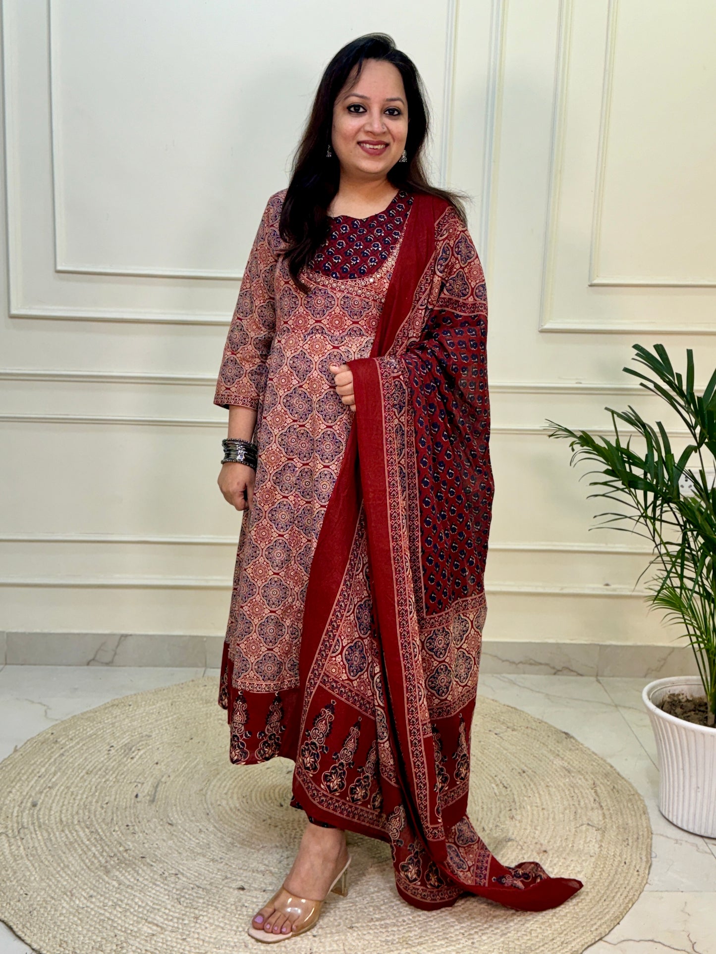 Farhat Kalamkari Anarkali Suit set-Red Colour