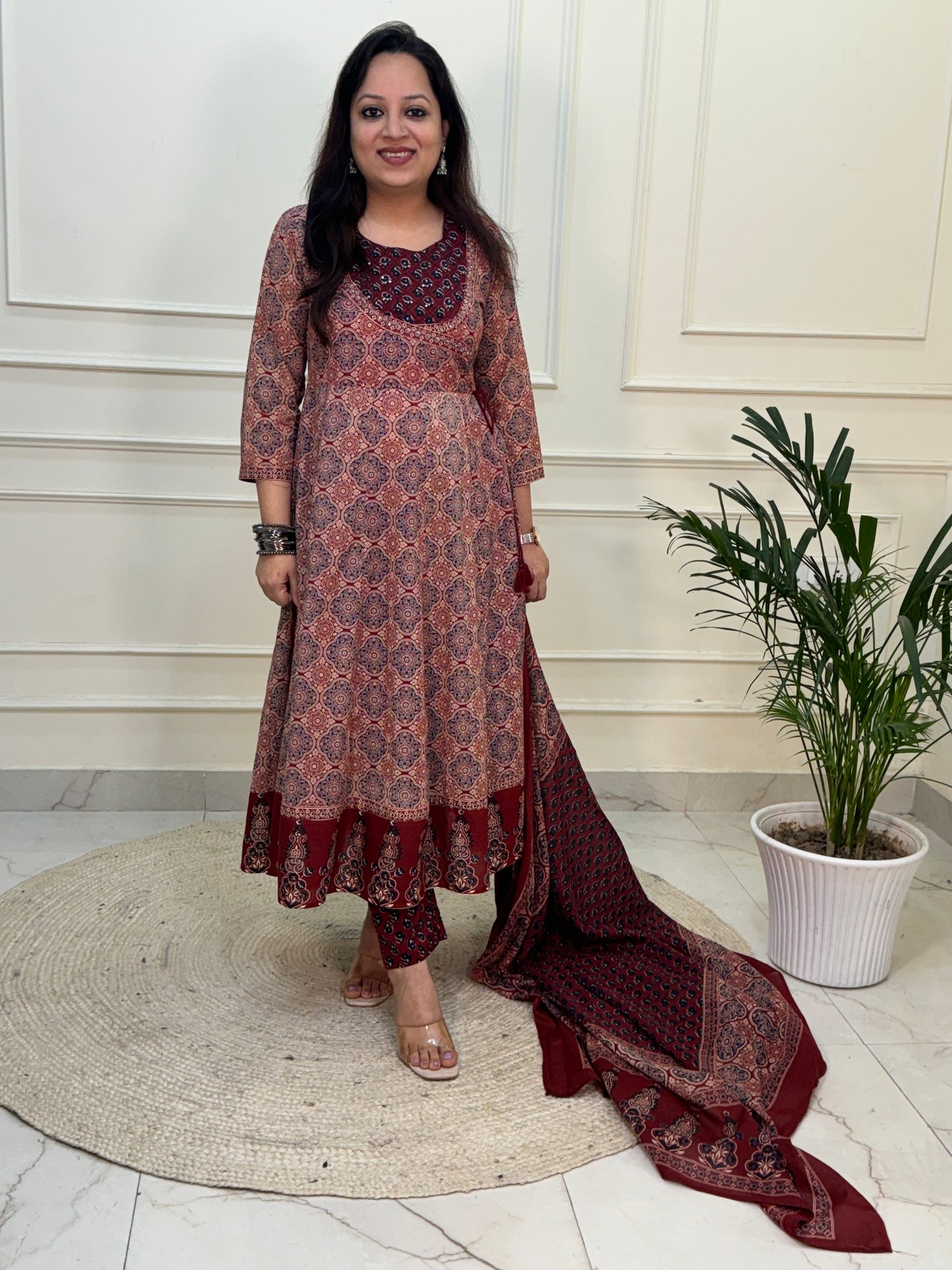 Farhat Kalamkari Anarkali Suit set-Red Colour