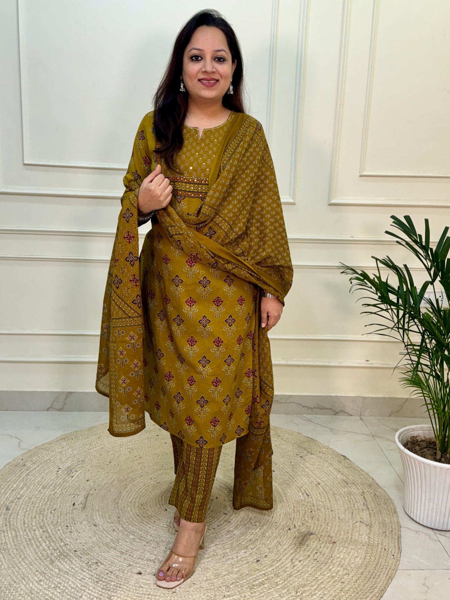 Zena premium Cotton Ajrakh Suit Set- Mustard