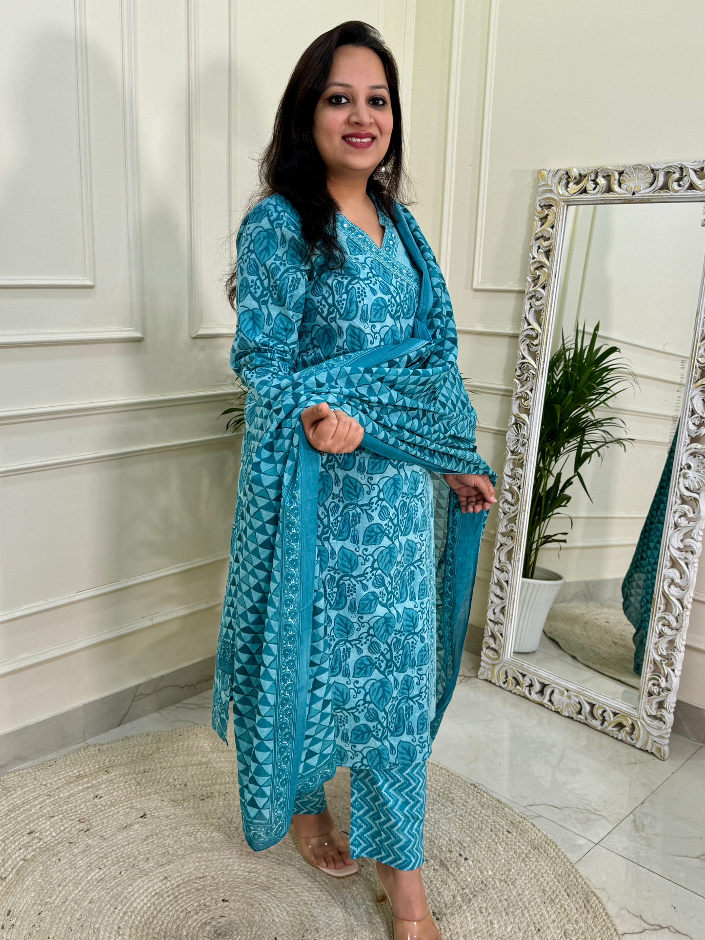 Angrakha Pattern A line Daabu Print Suit set-Blue colour