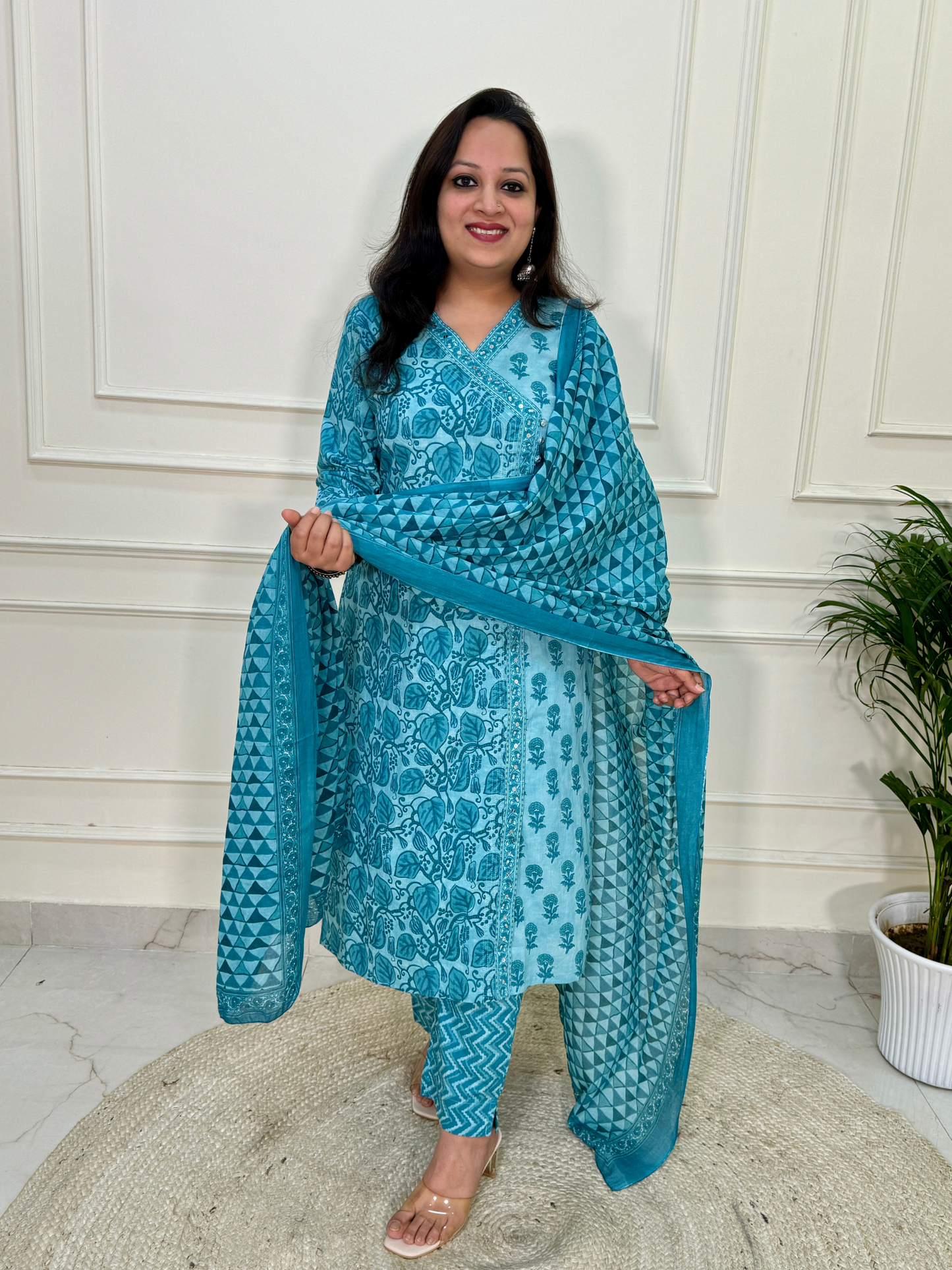 Angrakha Pattern A line Daabu Print Suit set-Blue colour