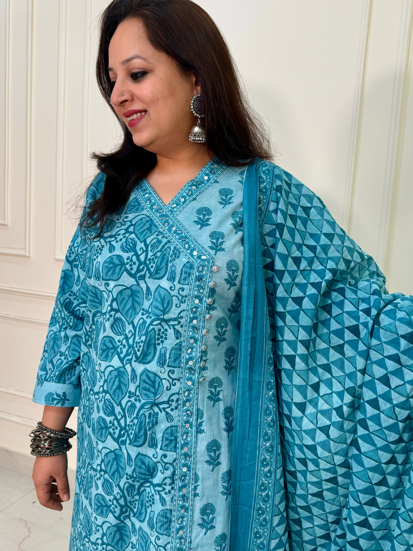 Angrakha Pattern A line Daabu Print Suit set-Blue colour