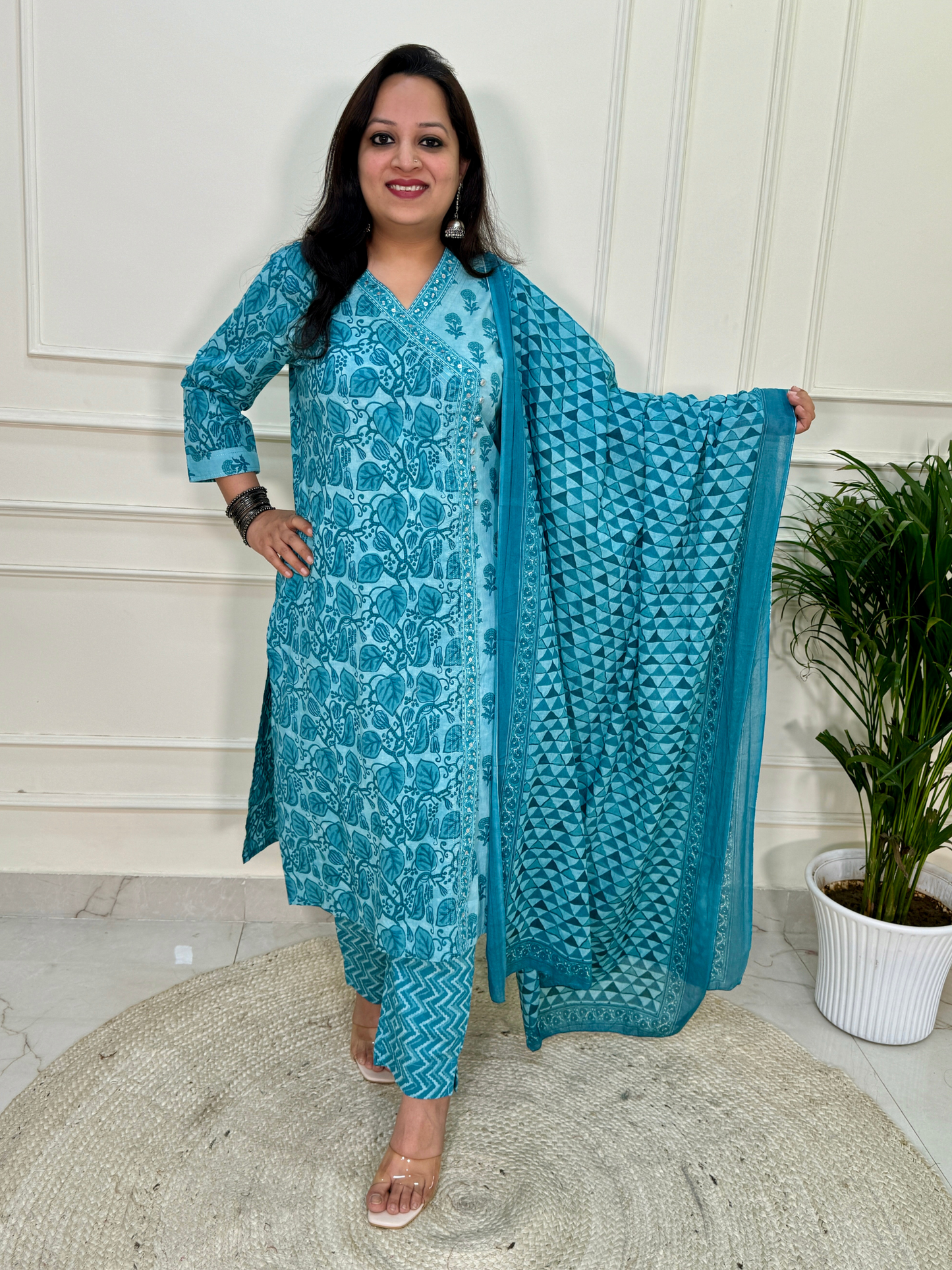 Angrakha Pattern A line Daabu Print Suit set-Blue colour