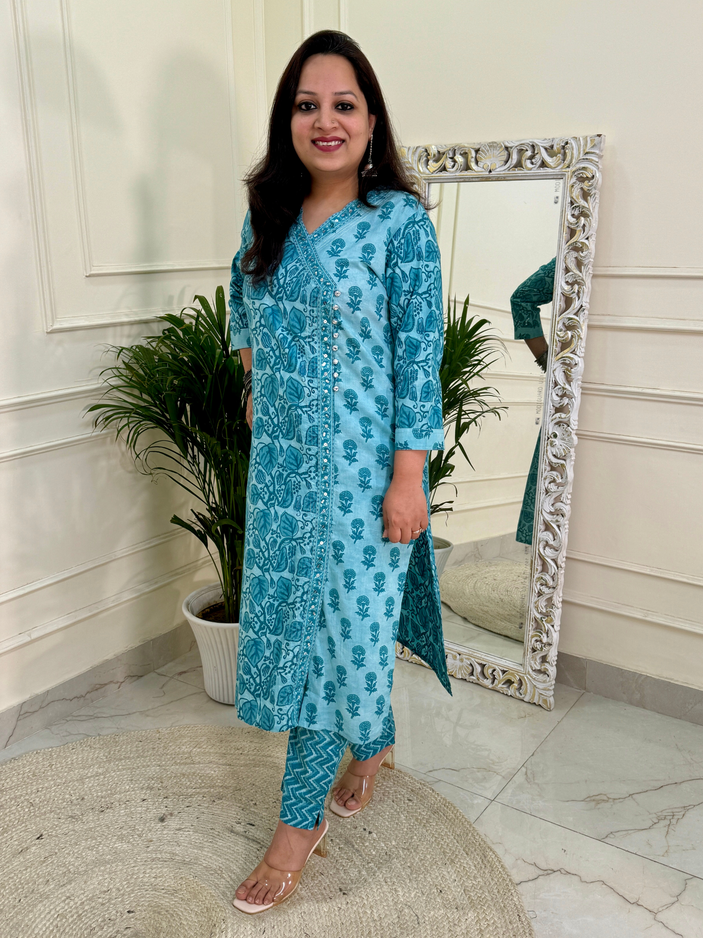 Angrakha Pattern A line Daabu Print Suit set-Blue colour