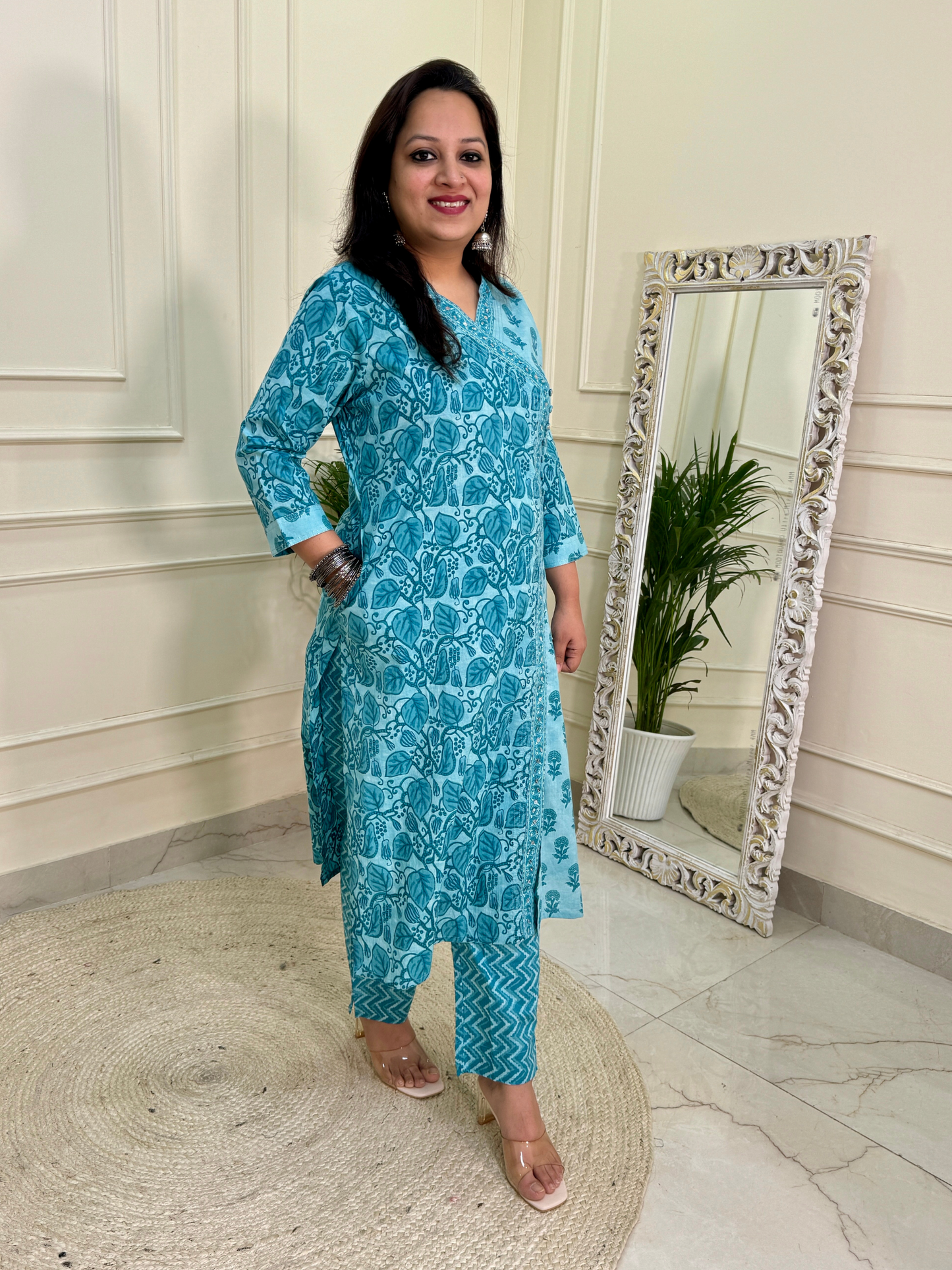 Angrakha Pattern A line Daabu Print Suit set-Blue colour