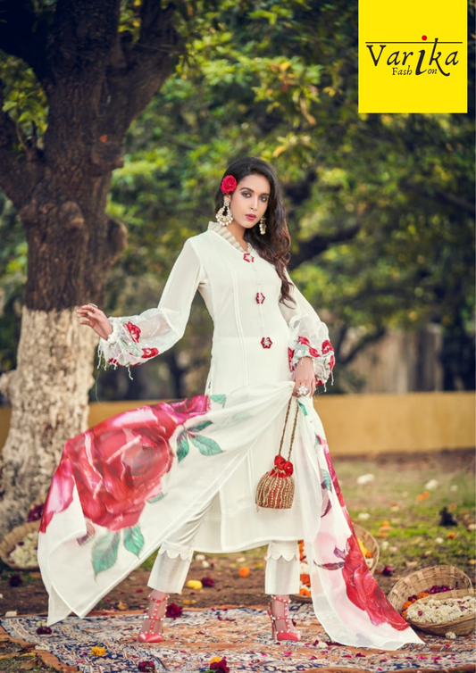 White Balloon Sleeves Pakistani Suit with Organza Dupatta