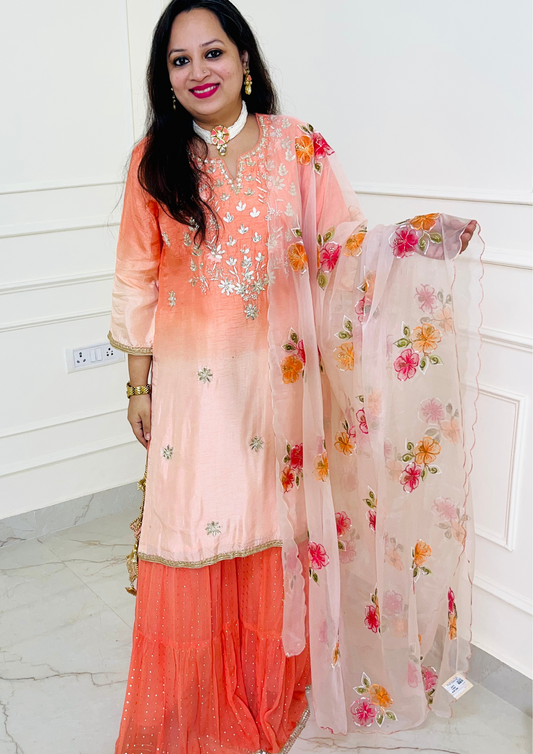 Pure Dola Silk Ombre Dyed Hand Embroidered Sharara Suit in Peach Colour.