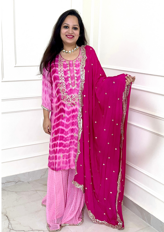 Pure Crepe Tie and Dye Hand Embroidered Sharara Suit in Pink Colour.